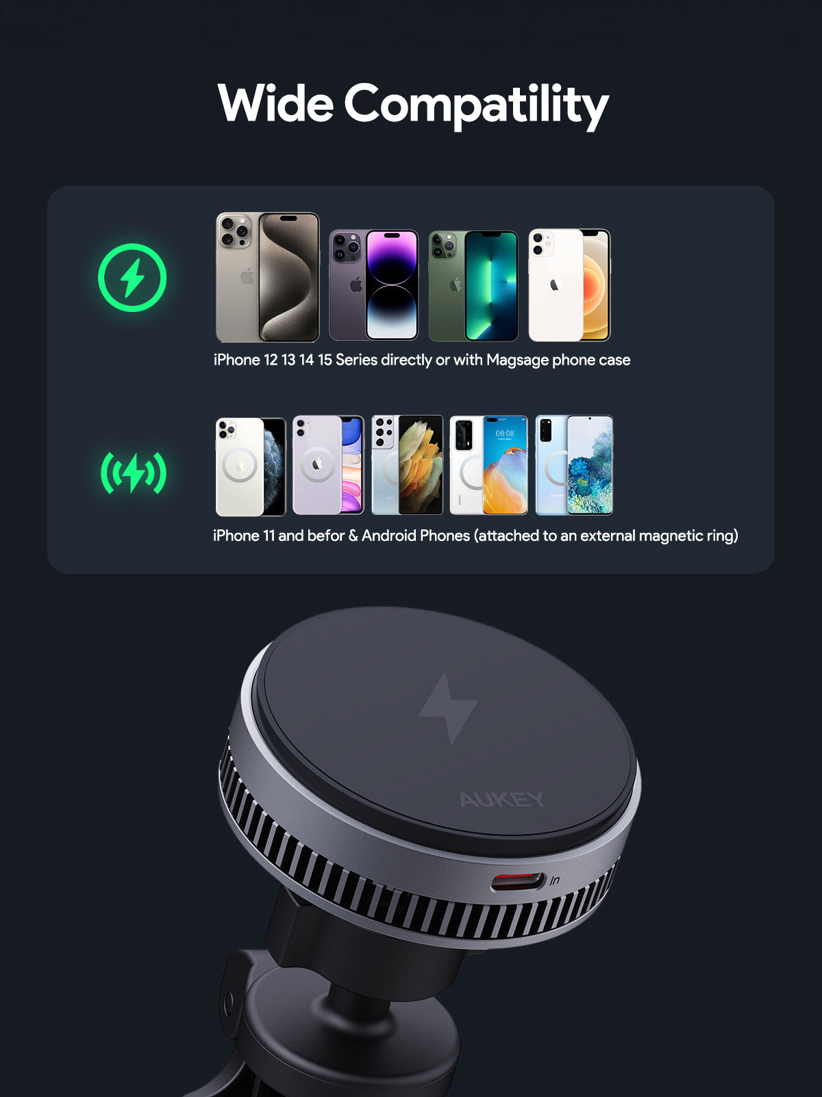 AUKEY HD-MC13A MagFusion Dash Pro Qi2 Active Cooling Wireless Charging Phone Mount