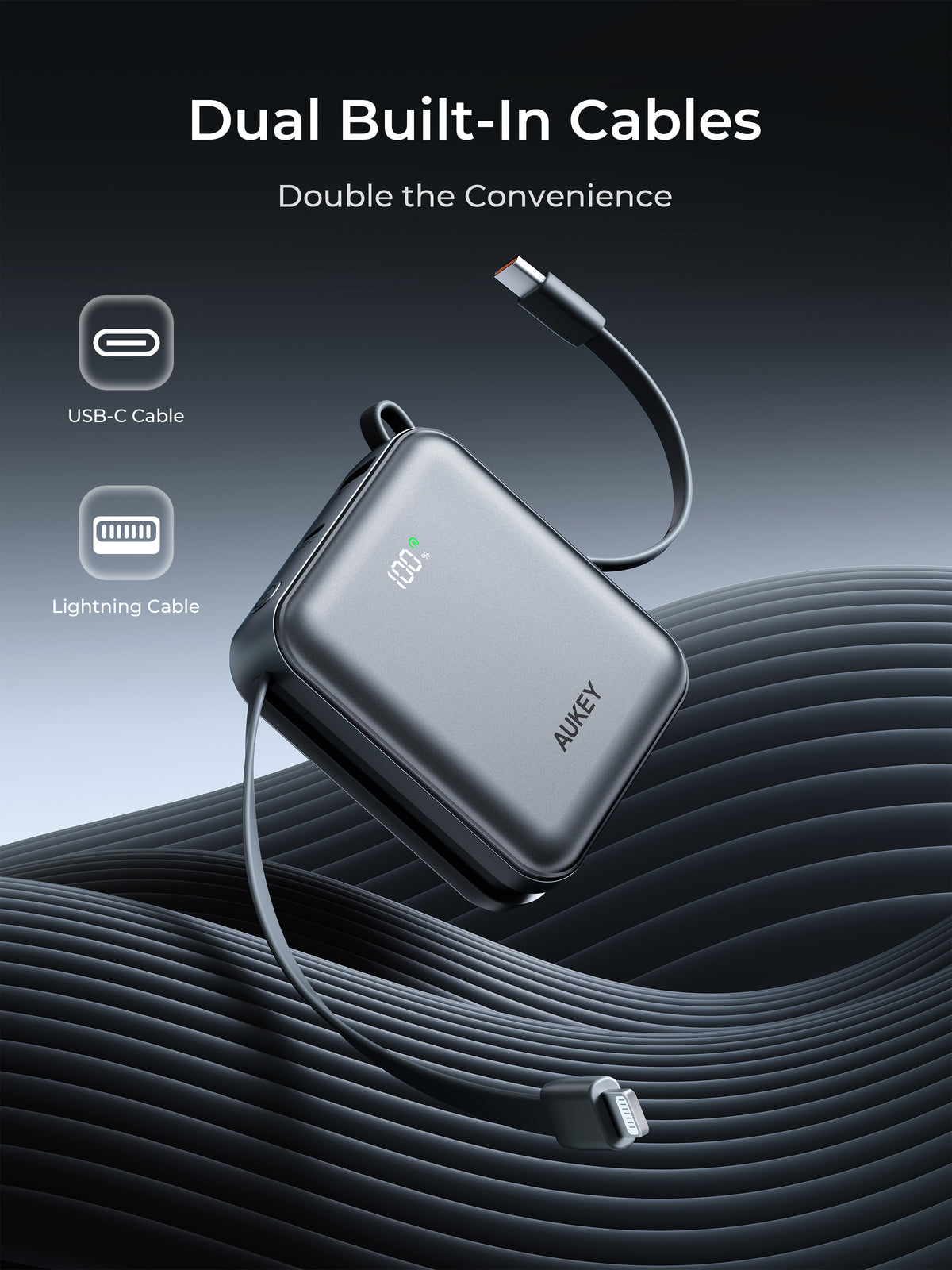 AUKEY Swivel Mini L 10000 22.5W 10000mAh CCC Certified Power Bank with Built-in USB-C and Lightning Cables - PB-Y91L