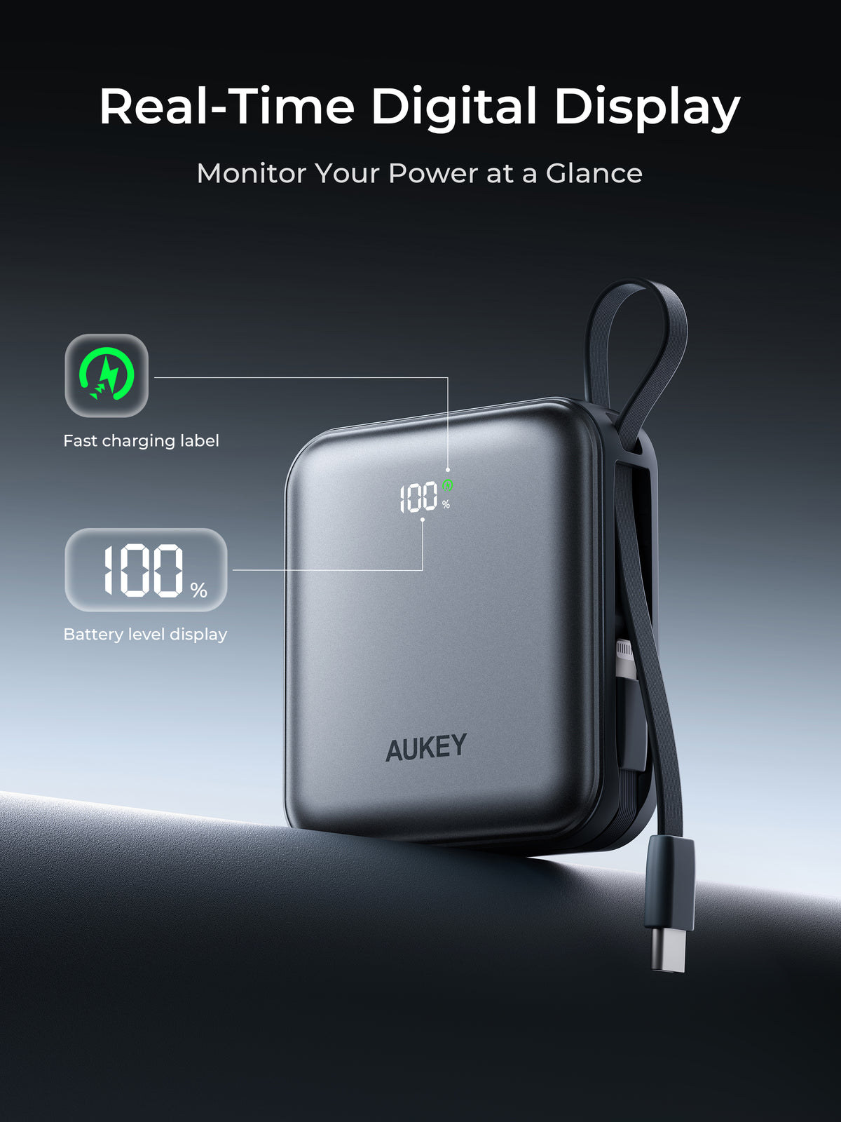 AUKEY Swivel Mini L 10000 22.5W 10000mAh CCC Certified Power Bank with Built-in USB-C and Lightning Cables - PB-Y91L
