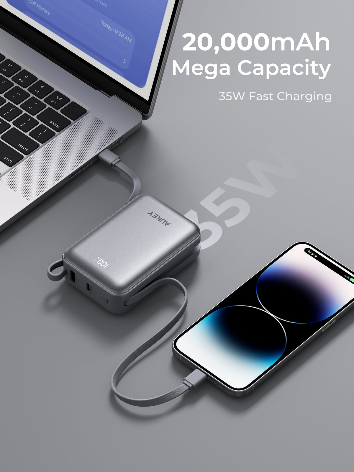 AUKEY Swivel Mini L 20000 35W 20000mAh CCC Certified Power Bank with Built-in USB-C and Lightning Cables - PB-Y92L