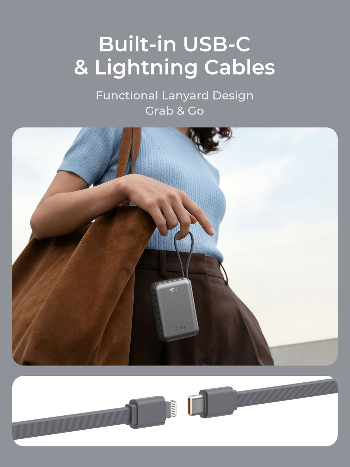 AUKEY Swivel Mini L 20000 35W 20000mAh CCC Certified Power Bank with Built-in USB-C and Lightning Cables - PB-Y92L