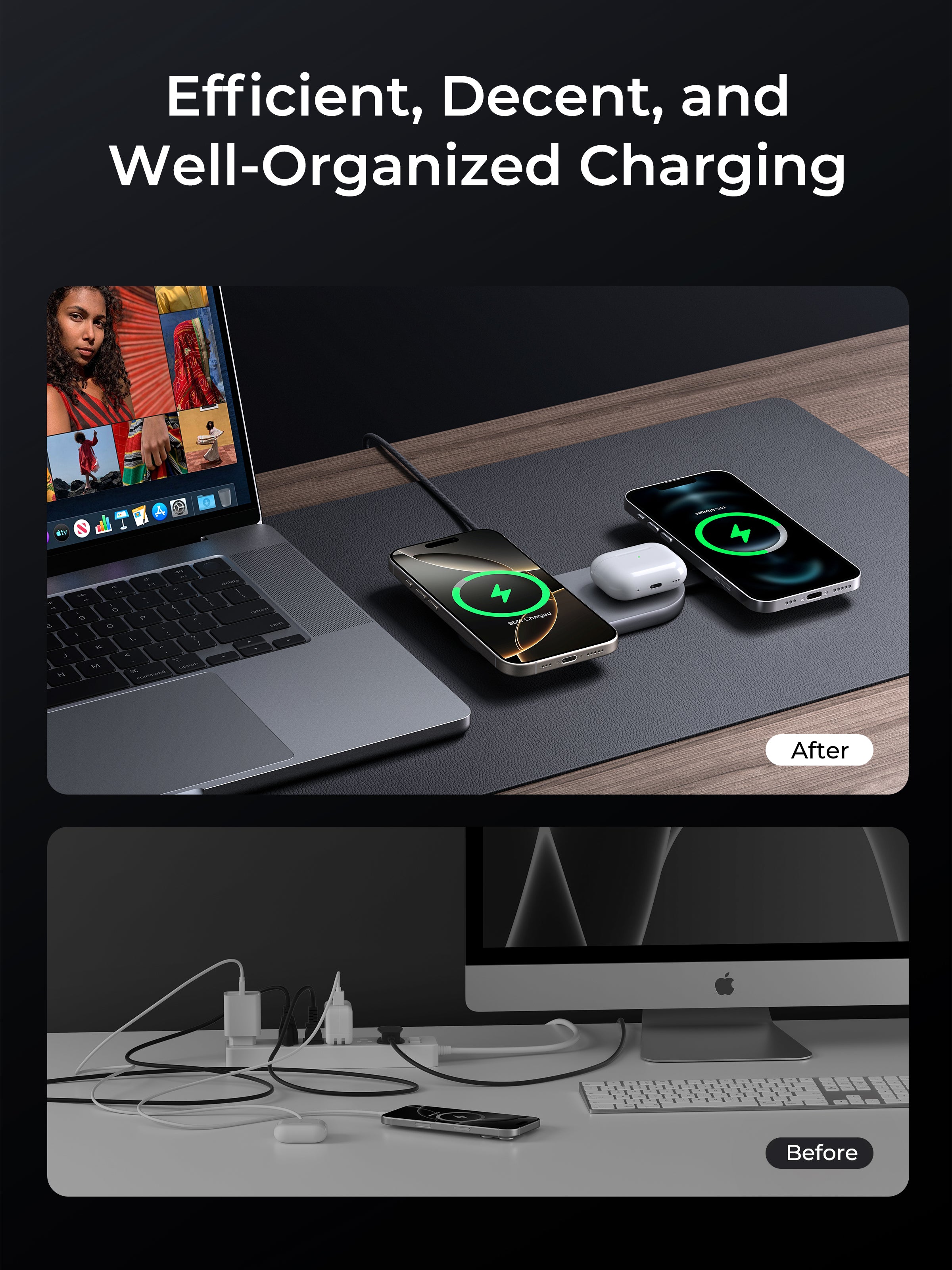 Comparison of efficient charging setup with a laptop and devices on a desk, labeled 'After', and a cluttered setup labeled 'Before'.