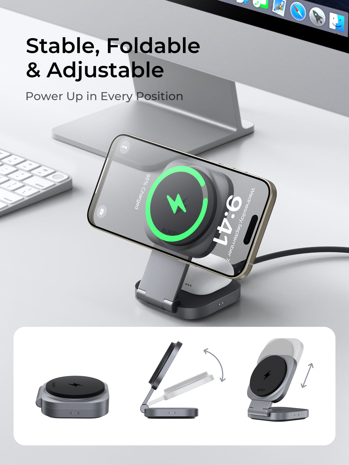 AUKEY MagFusion L Plus Qi2.2 25W foldable 2-in-1 magnetic wireless charger, MagSafe compatible - LC-MC211P