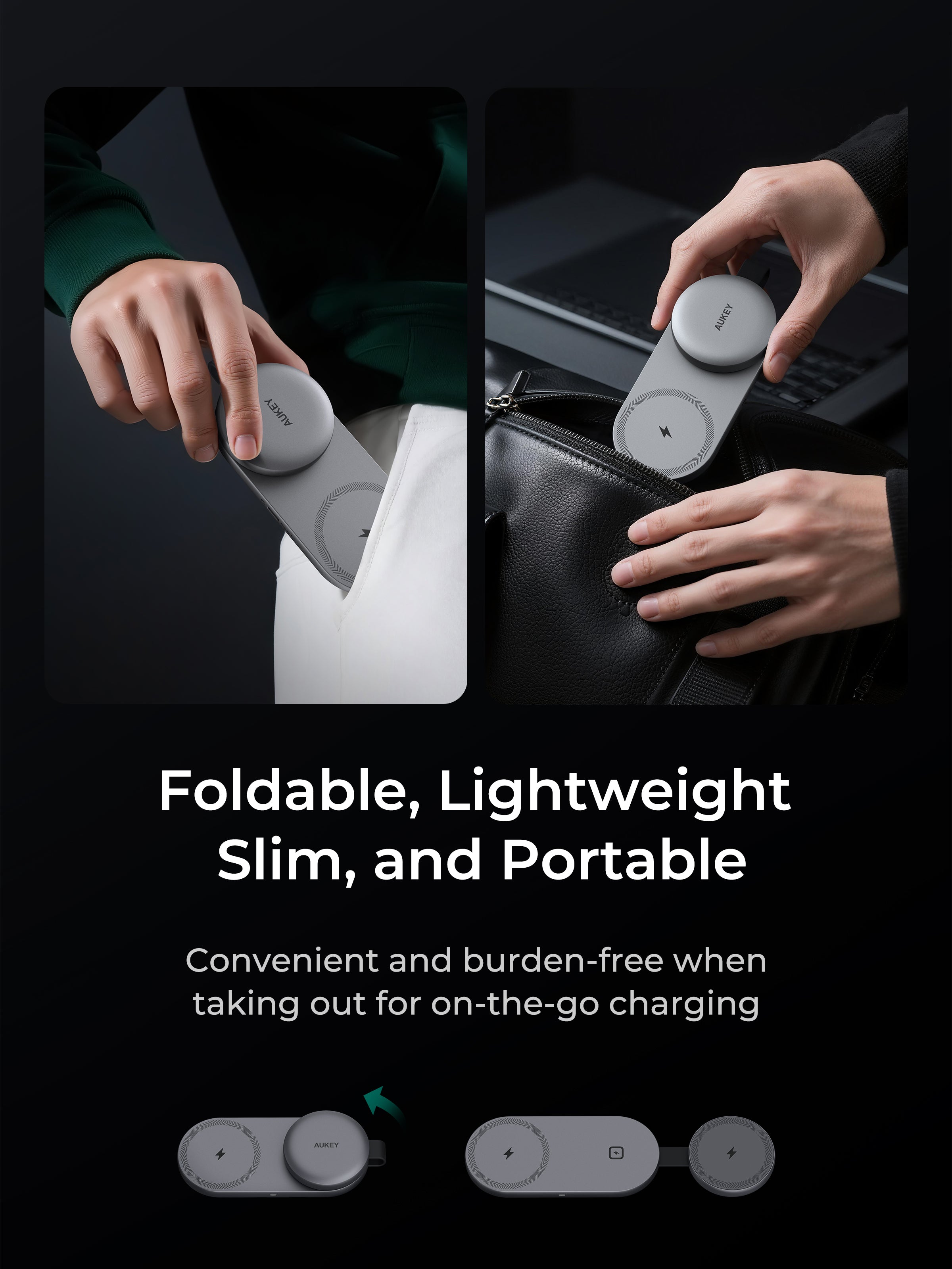 Foldable, lightweight, slim device being held and placed into a bag with text highlighting its portability.
