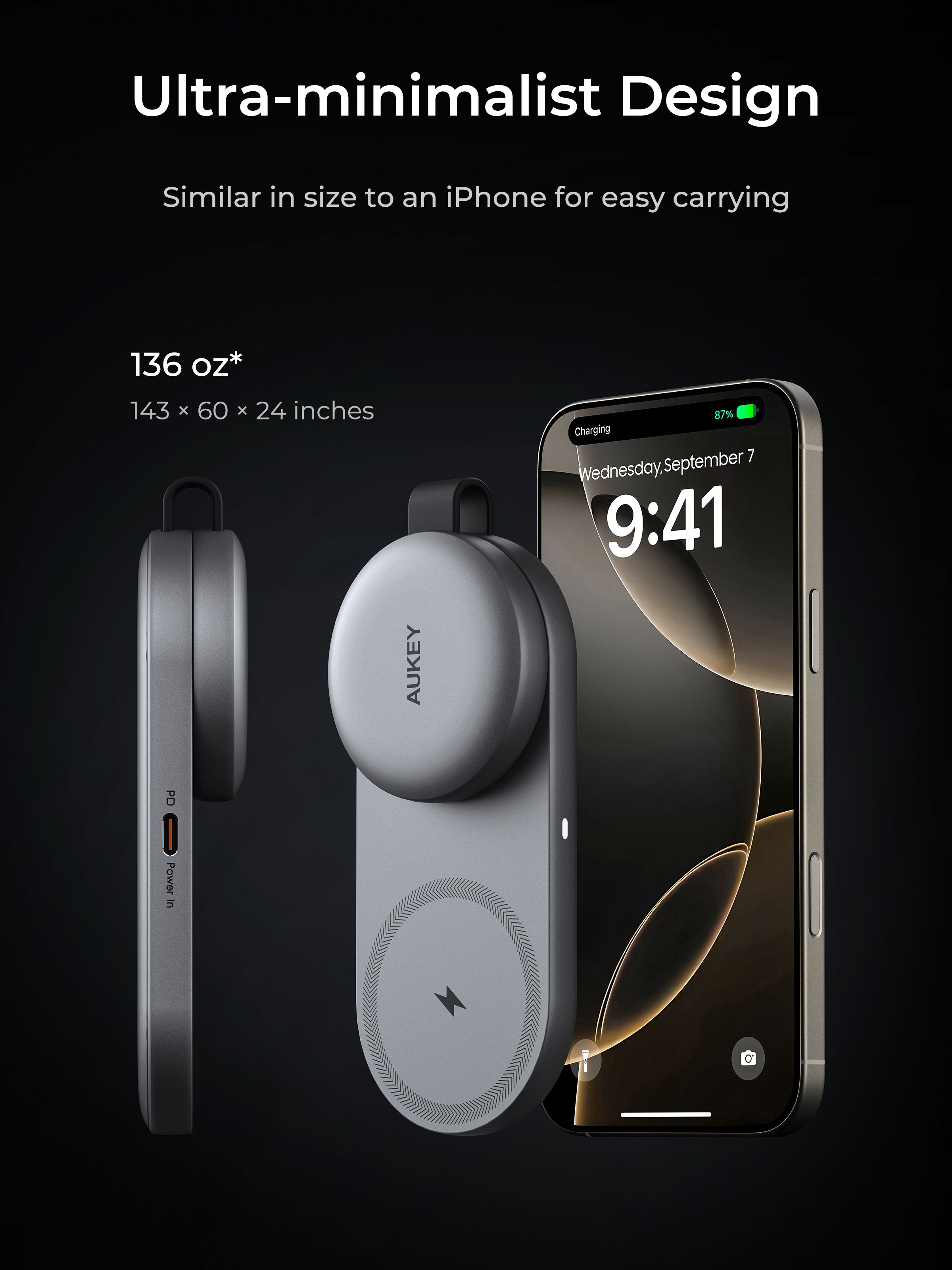 Aukey wireless charger with smartphone on a black background