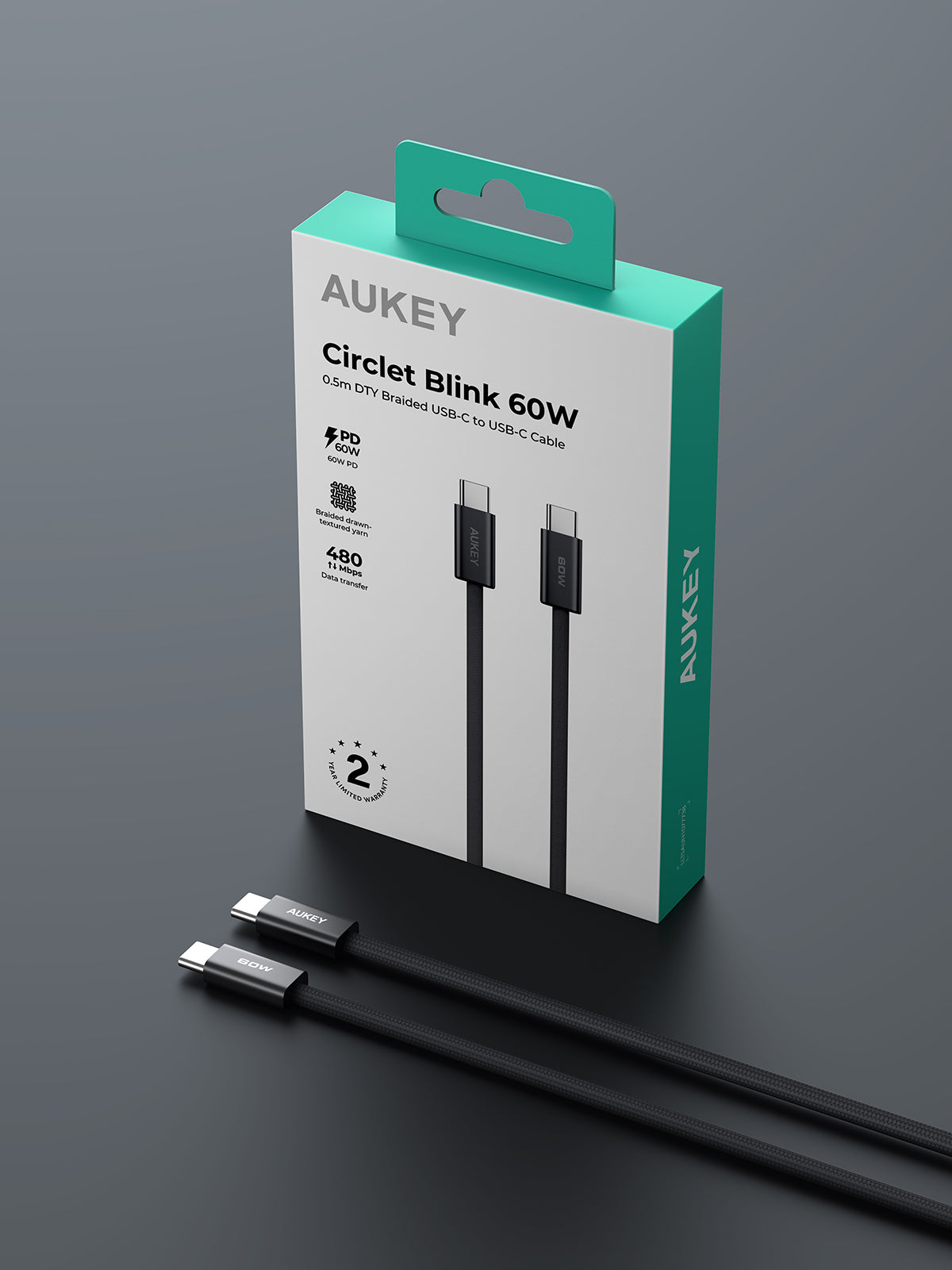 AUKEY CB-DCC061 Circlet Blink 0.5m 60W DTY Braided USB-C to C Cable