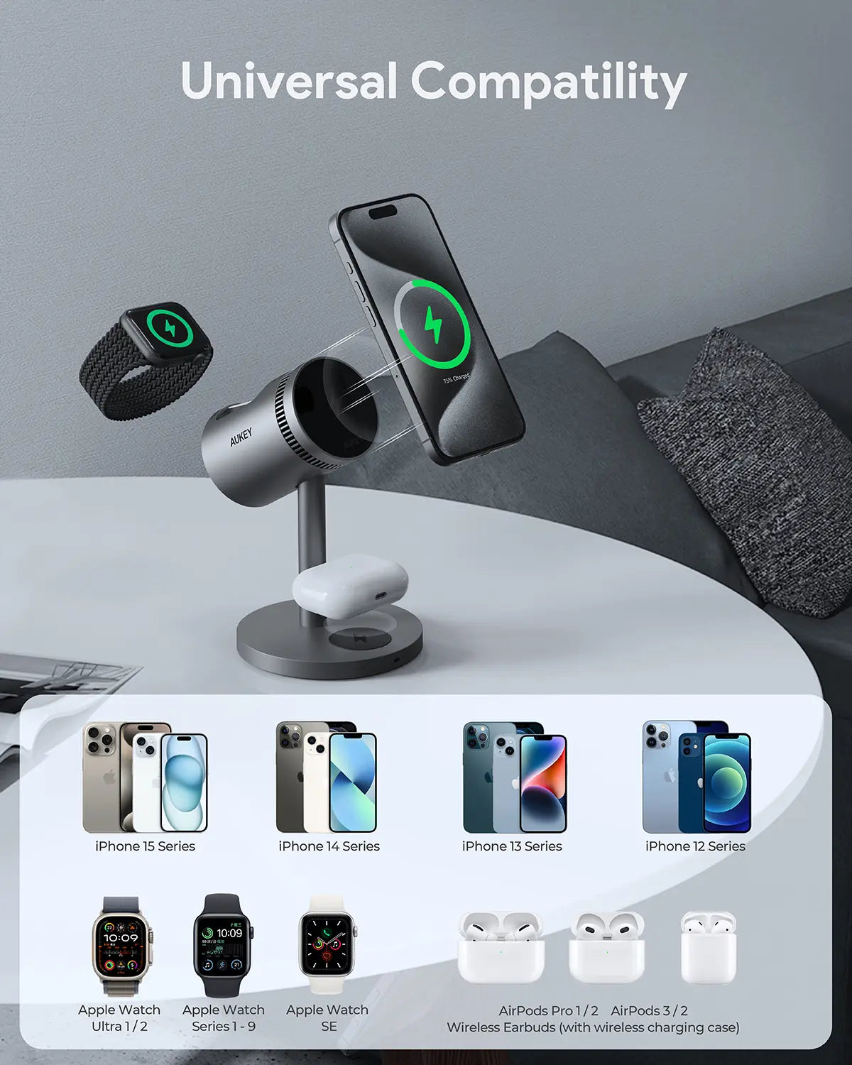 AUKEY LC-MC311A MagFusion 3-in-1 Pro Qi2 Active Cooling Wireless Charging Station with Active Cooling