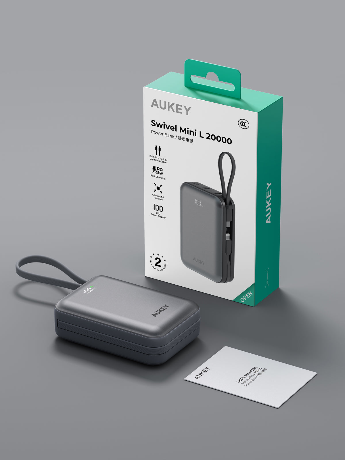 AUKEY Swivel Mini L 20000 35W 20000mAh CCC Certified Power Bank with Built-in USB-C and Lightning Cables - PB-Y92L