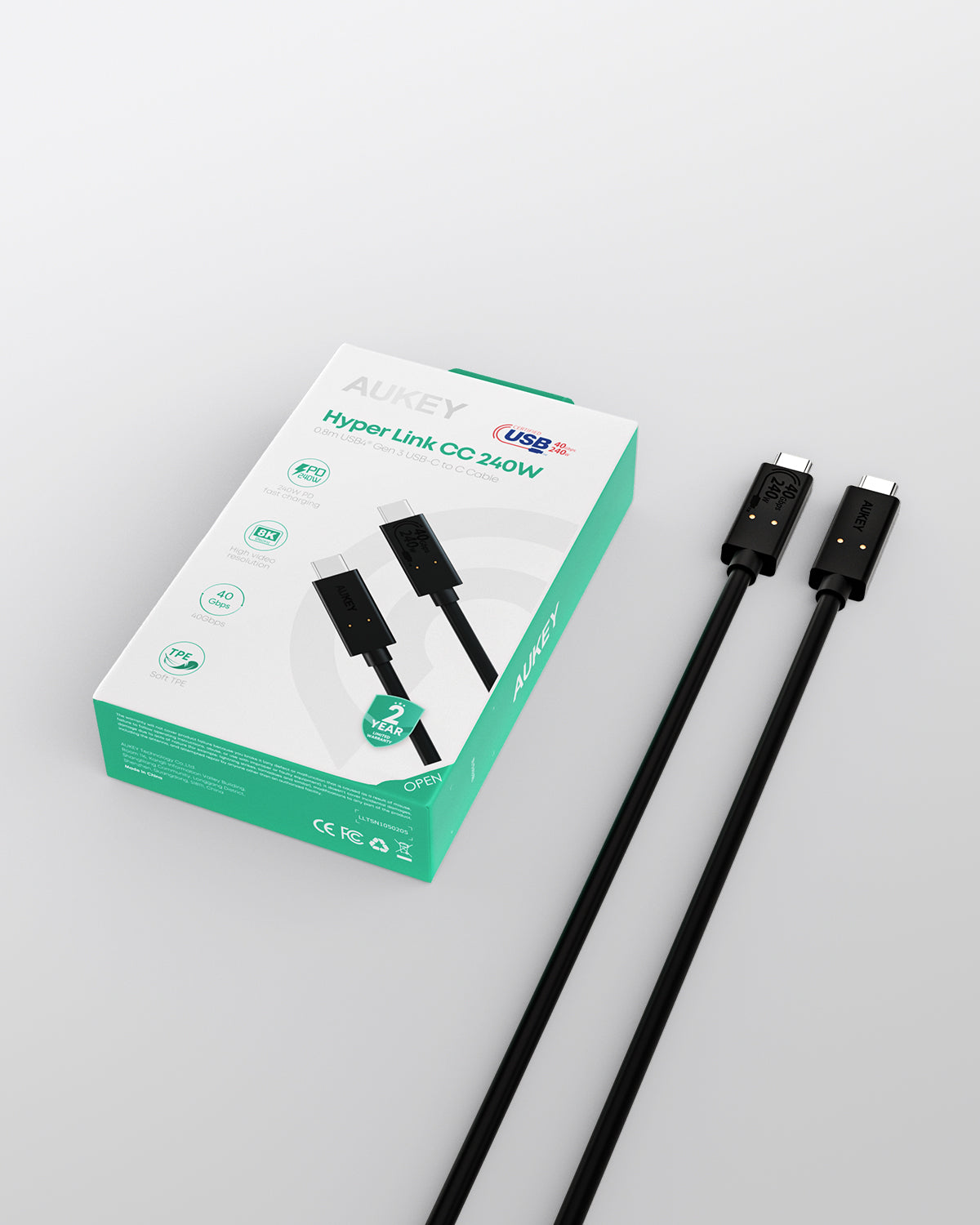 Aukey Hyperlink USB-C to C Cable USB4 50V 5A 240W 0.8M - Black (CB-TCC241)
