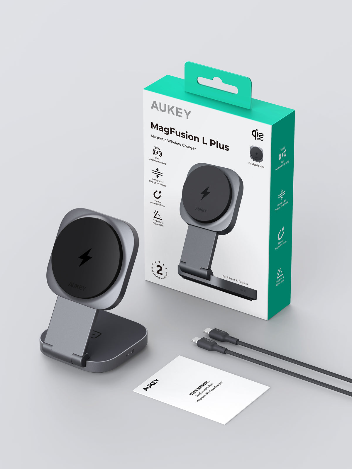 AUKEY MagFusion L Plus Qi2.2 25W foldable 2-in-1 magnetic wireless charger, MagSafe compatible - LC-MC211P