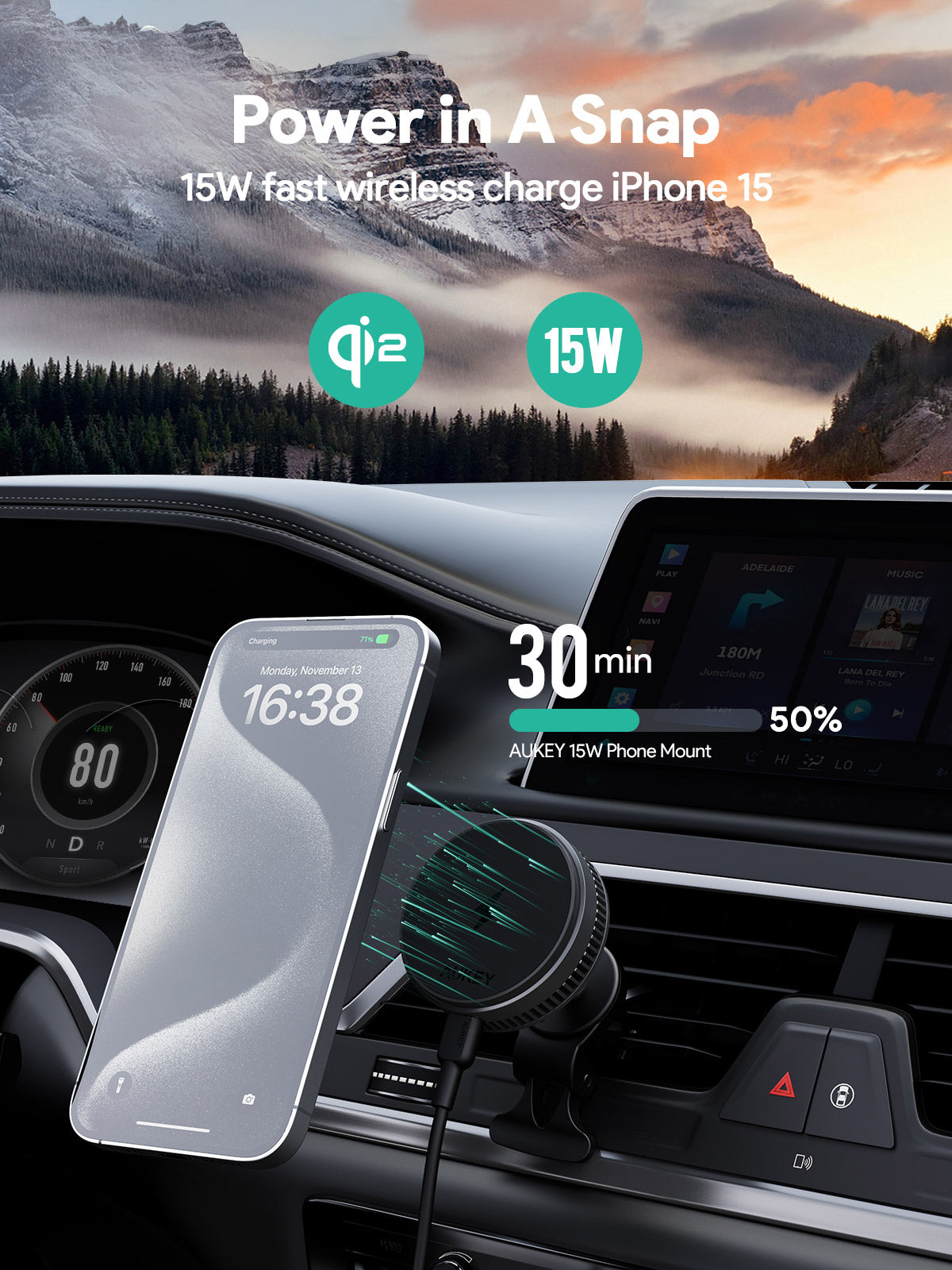 AUKEY HD-MC13A MagFusion Dash Pro Qi2 Active Cooling Wireless Charging Phone Mount