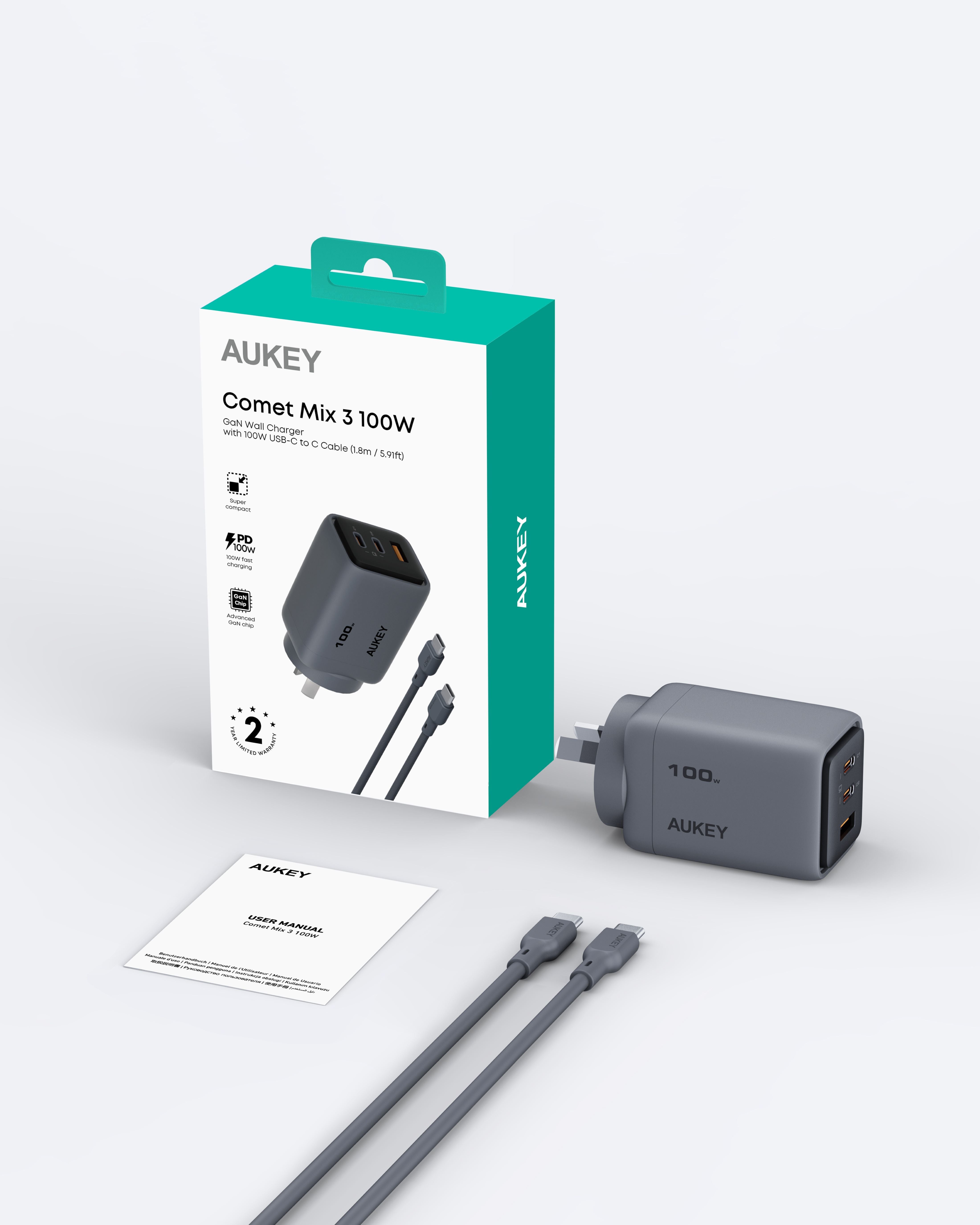 AUKEY PA-C5 Comet 100W PD Fast Wall Charger GaN USB-C with 100W 1.8m USB-C to C Cable