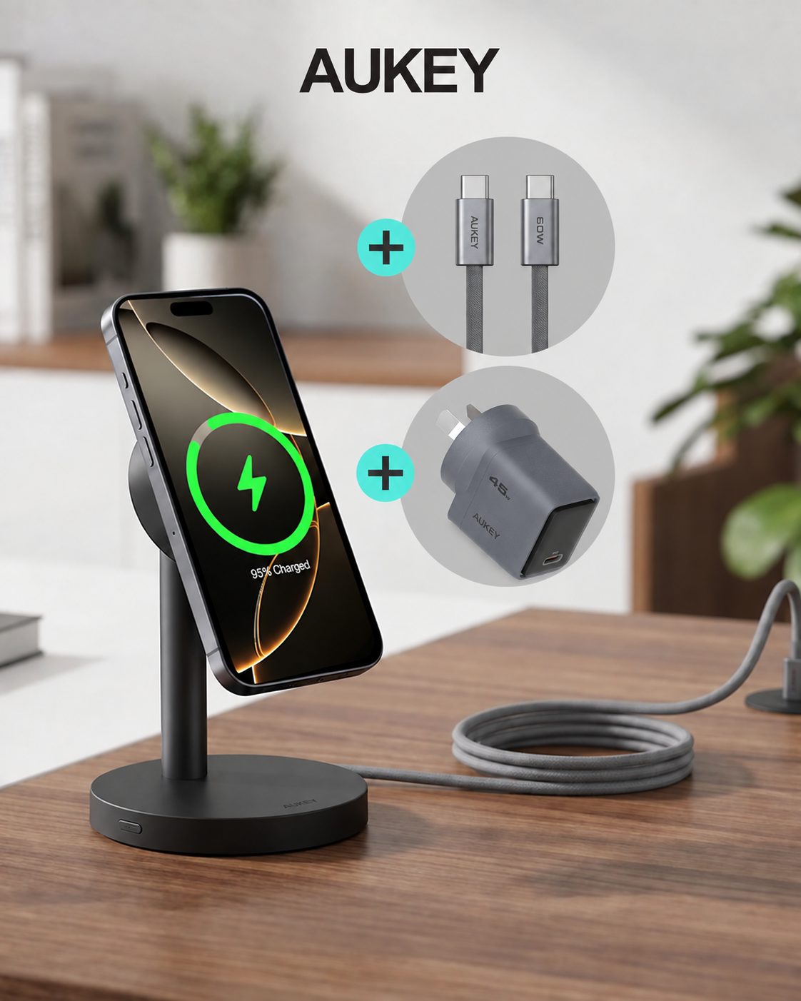 Essential Power Bundle 3-in-1 – Fast 25W Magnetic Wireless Charger, 45W Wall Charger & USB-C Cable