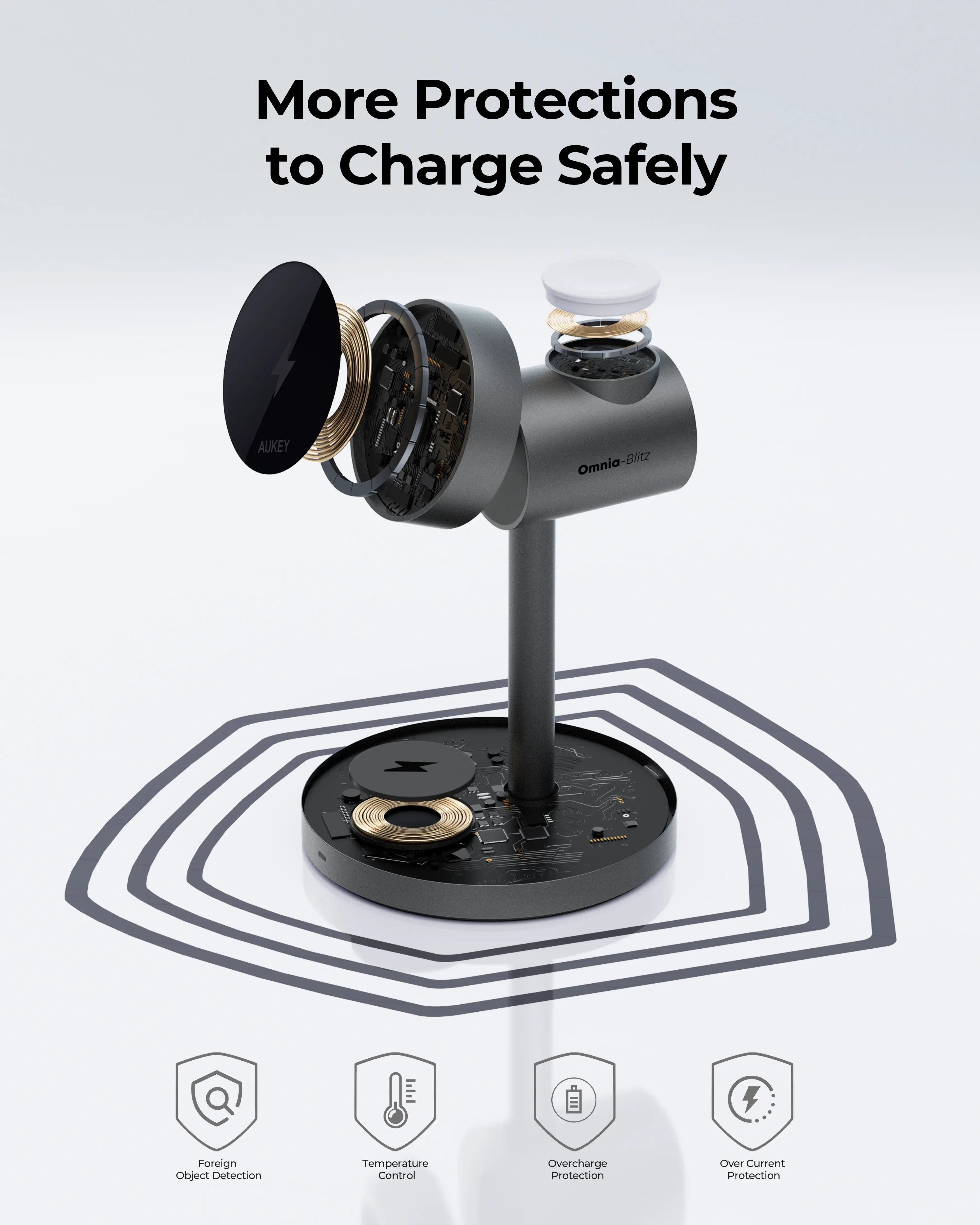 Aukey Fast Wireless 3 in 1 Phone Charger Qi2 15W for Desktop (LC-MC311)