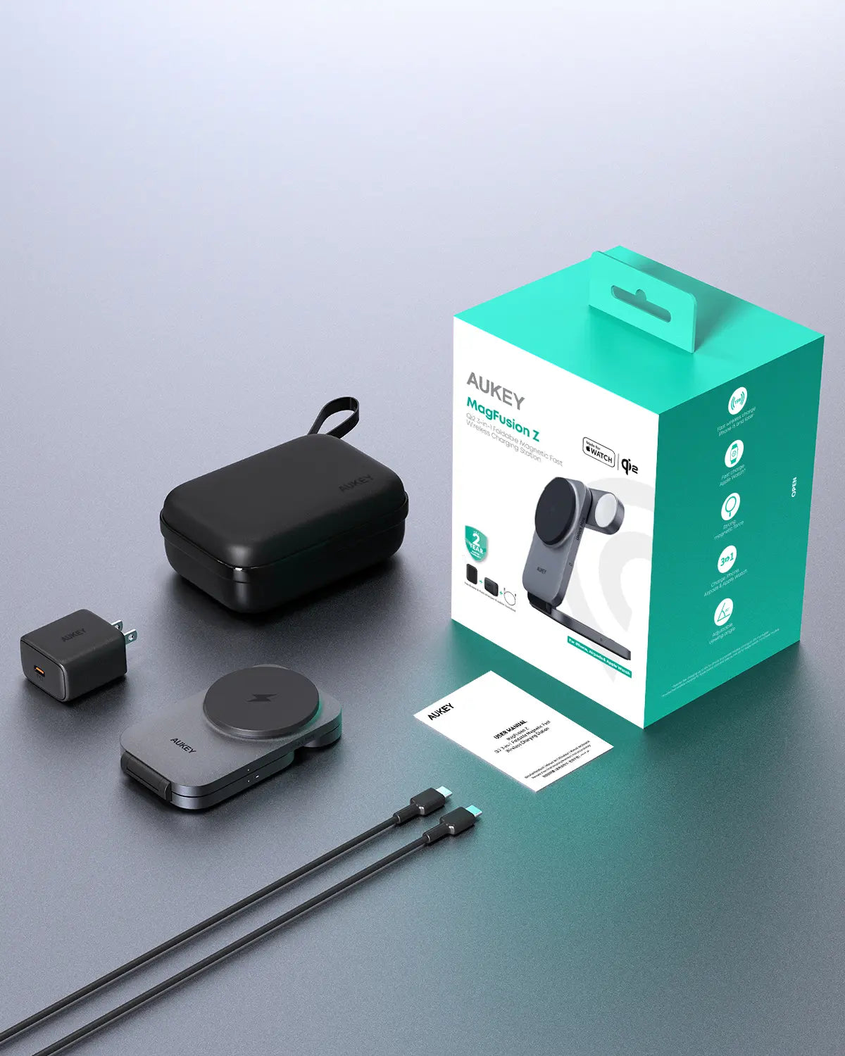 AUKEY LC-MC312 MagFusion Z Qi2 3-in-1 Foldable Magnetic Fast Wireless Charging Station