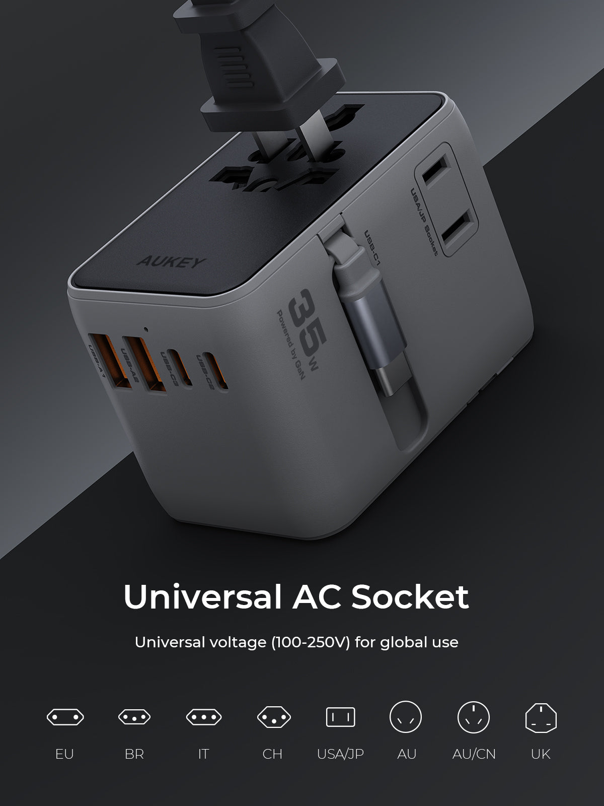 AUKEY PA-TA12 Globe 35W GaN Universal Adapter with Retractable Cable