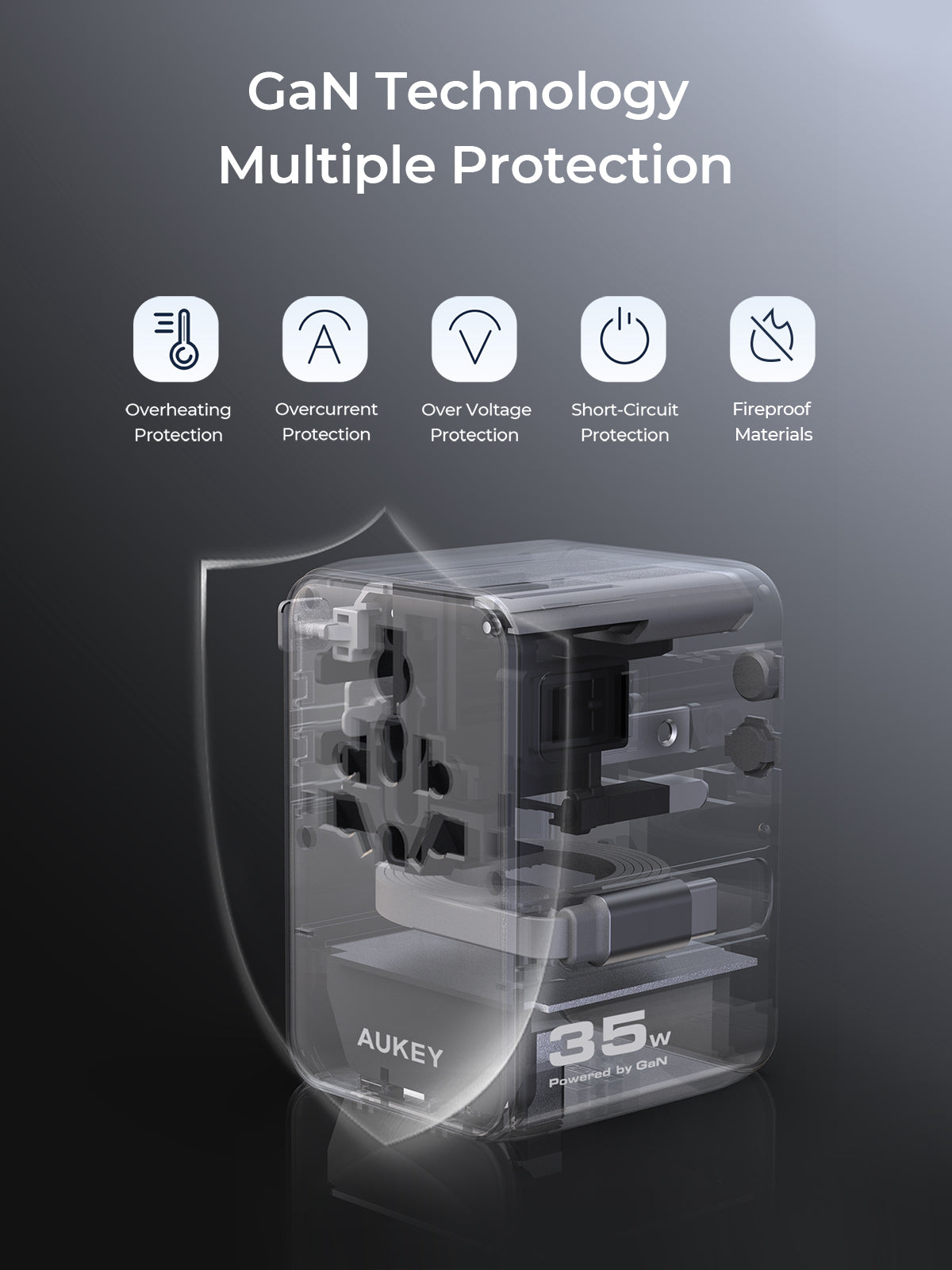 AUKEY PA-TA12 Globe 35W GaN Universal Adapter with Retractable Cable