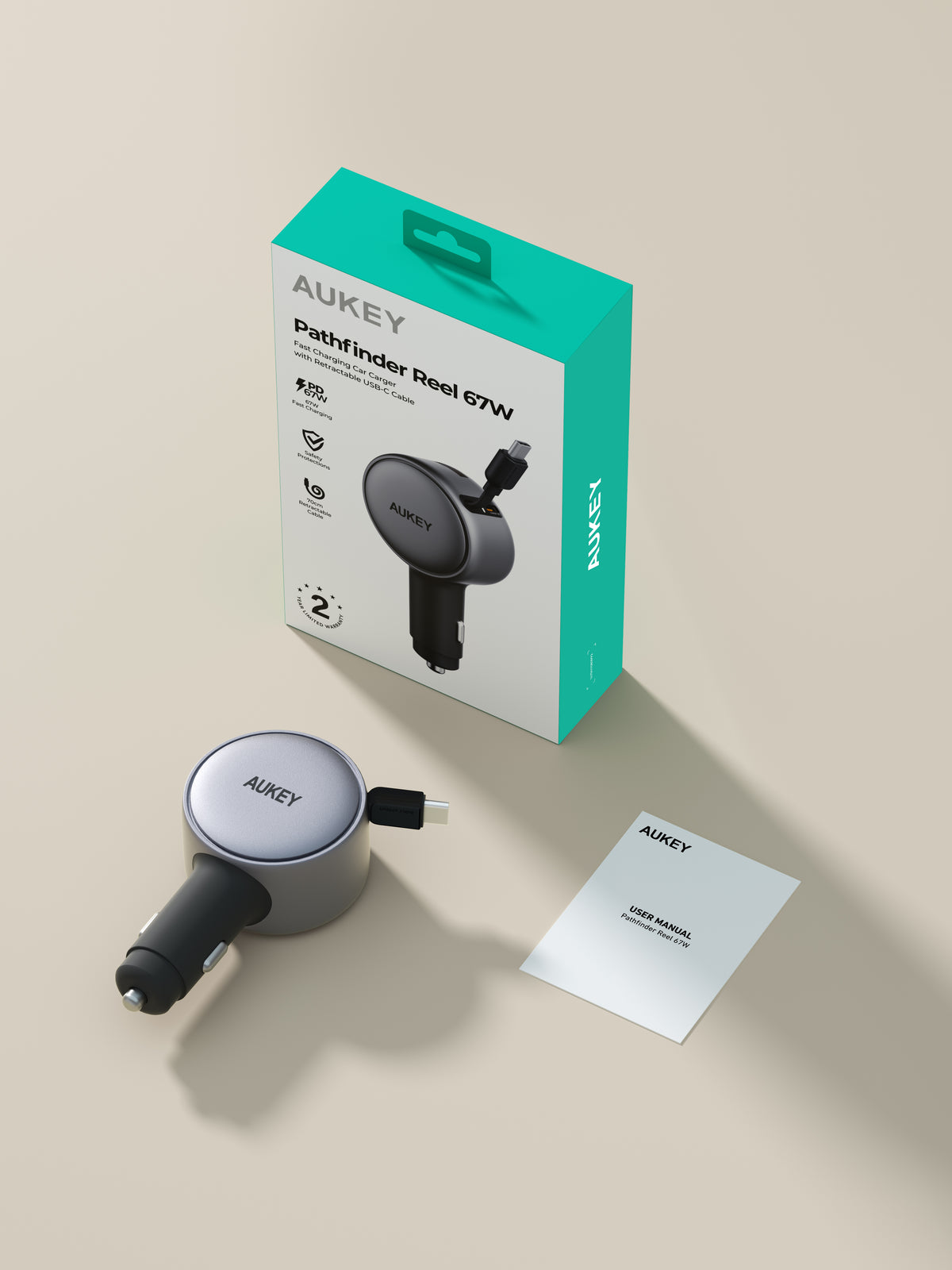 AUKEY Pathfinder Reel 67W Fast Car Charger with Built-in Retractable USB-C Cable – CC-P5