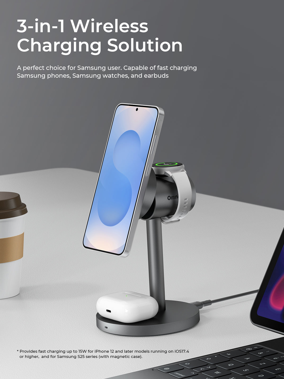 Aukey MagFusion 3-in-1 G Qi2 Magnetic Fast Wireless Charging Station for Samsung (LC-MC311G)