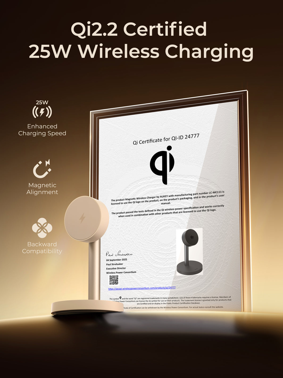 AUKEY MagFusion 1X Qi2.2 25W Fast Magnetic Wireless Charging Stand for iPhone, Samsung & Google Pixel – LC-MC111 (Gold Edition with USB-C Cable)