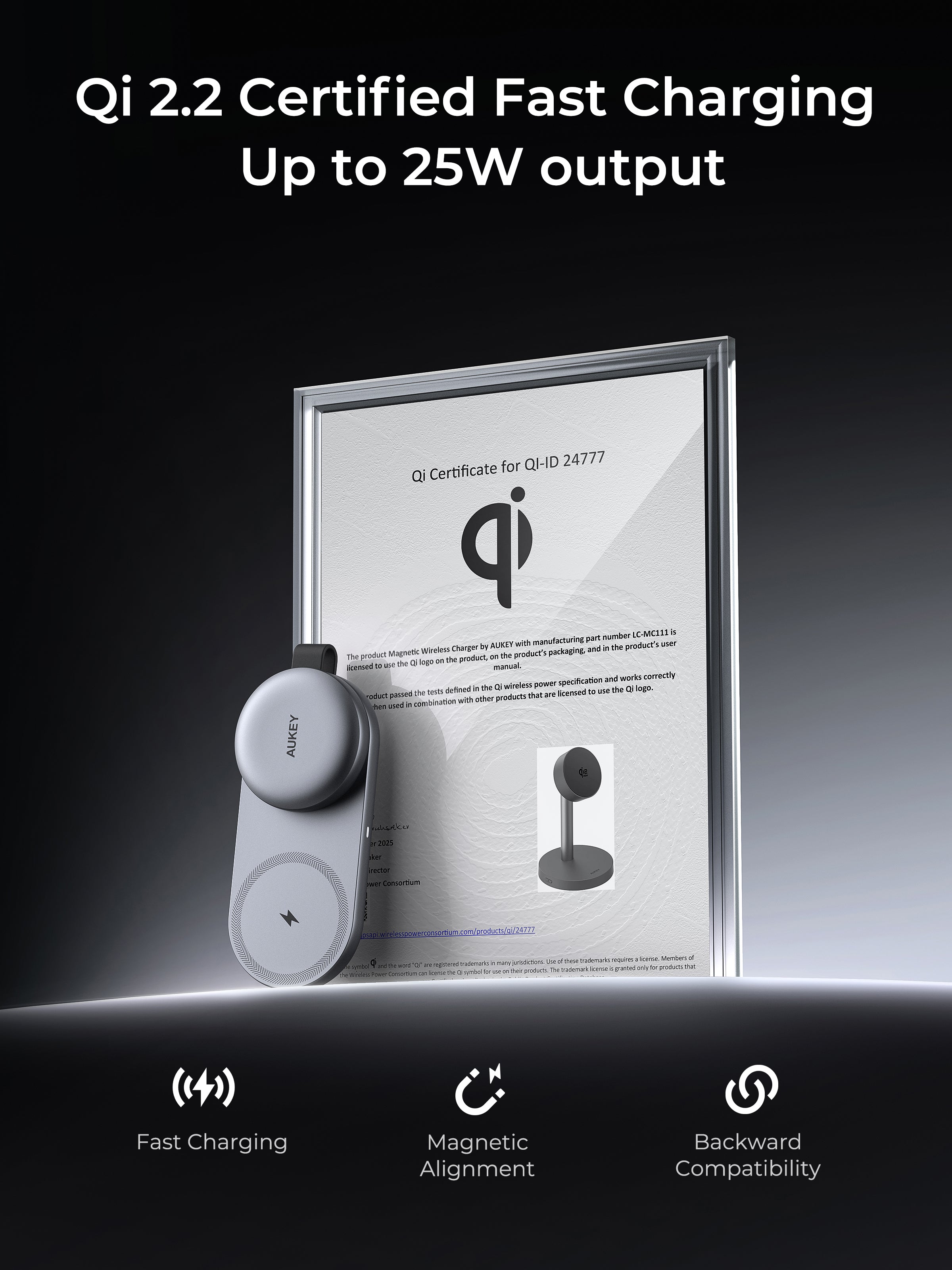 Qi certification plaque with wireless charging device and text about Qi 2.2 certification and fast charging capabilities.