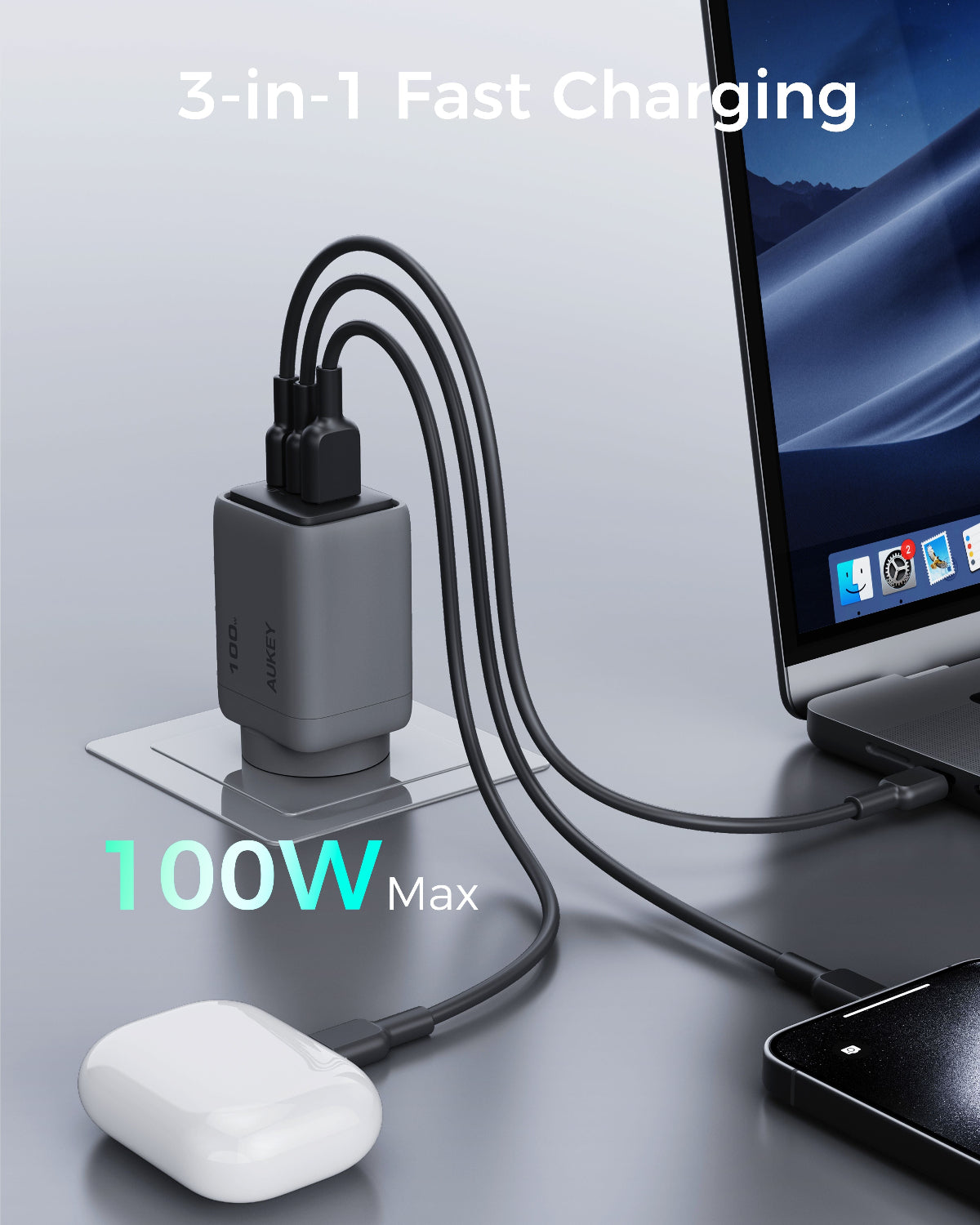Aukey Comet 100W PD Fast Wall Charger GaN USB-C with 100W 1.8m  USB-C to C Cable (PA-C5)