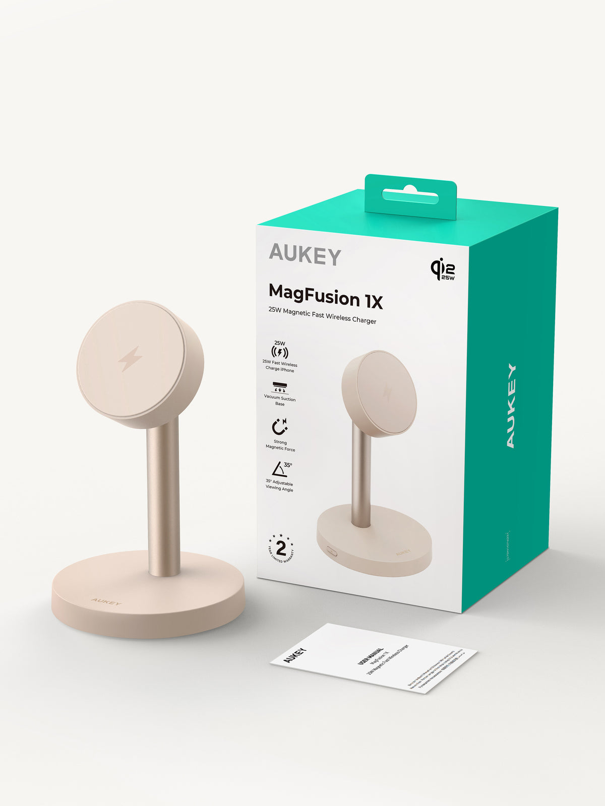 AUKEY MagFusion 1X Qi2.2 25W Fast Magnetic Wireless Charging Stand for iPhone, Samsung & Google Pixel – LC-MC111 (Gold Edition with USB-C Cable)