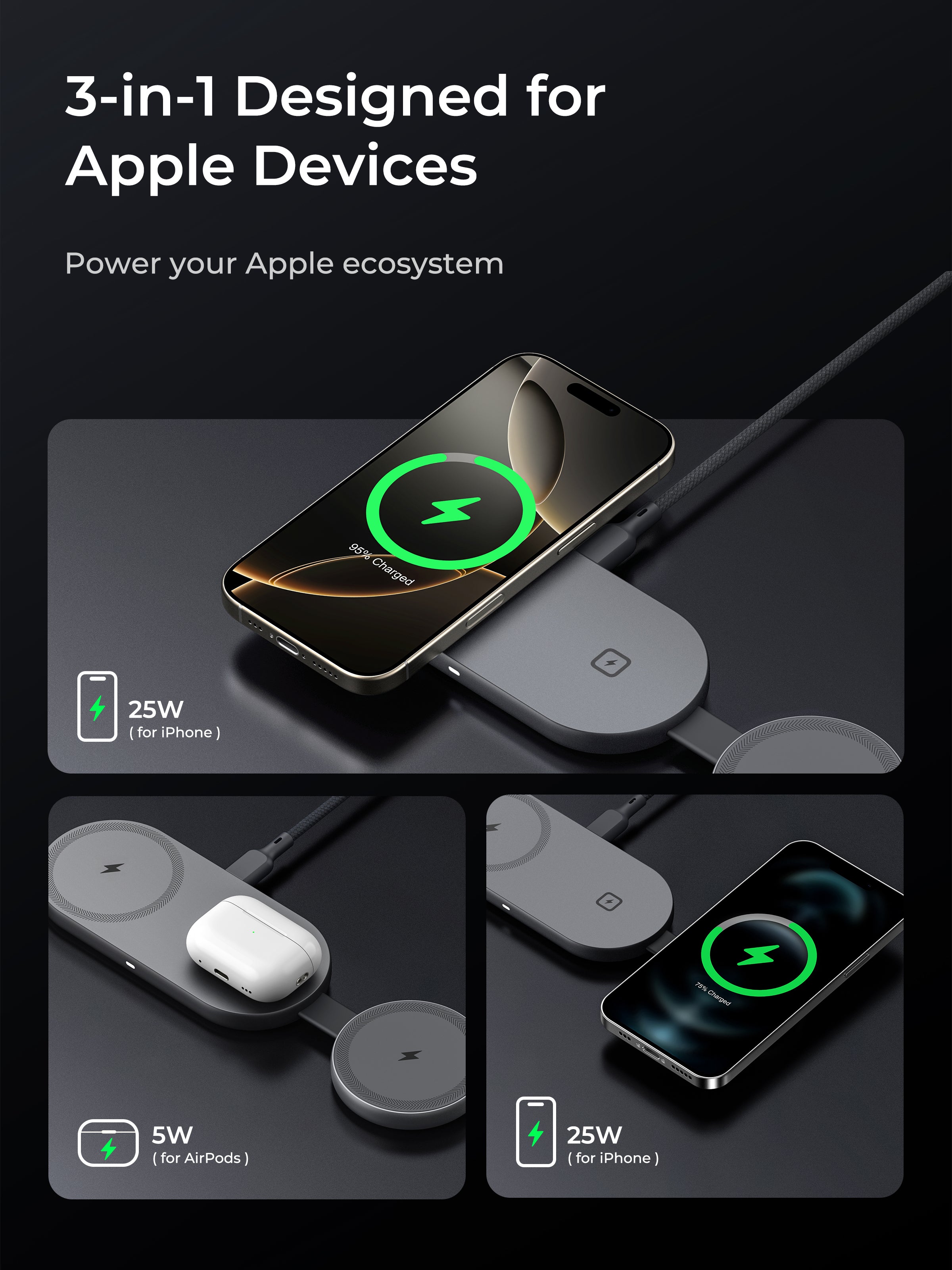 3-in-1 charging device for Apple devices with text on a black background