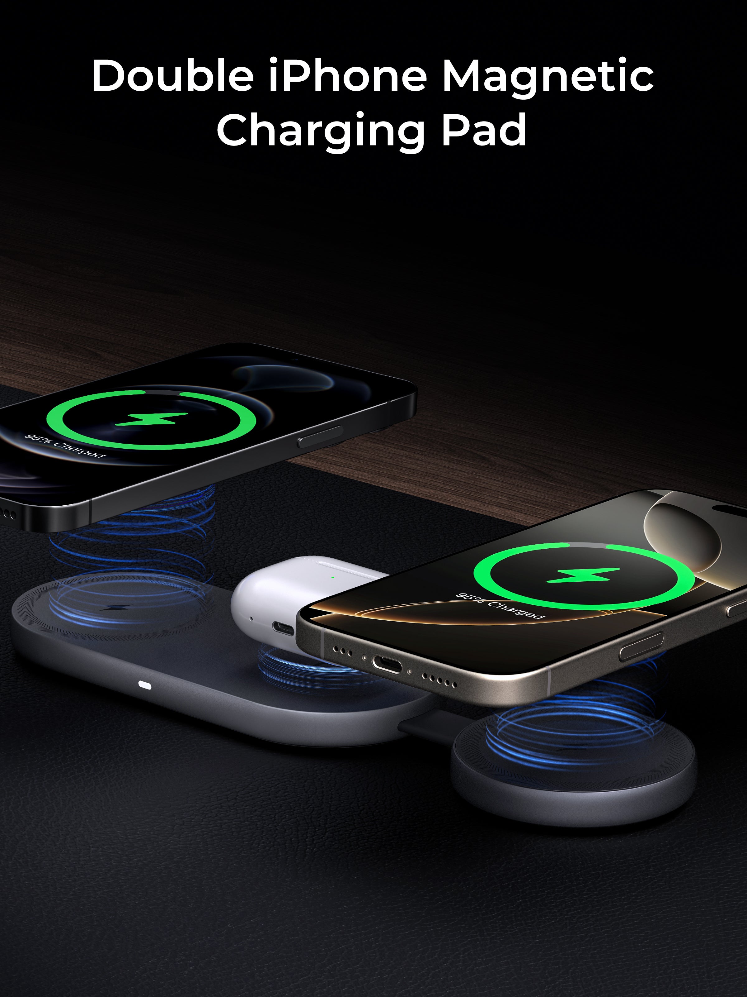 Double iPhone Magnetic Charging Pad with two iPhones charging on a dark surface.