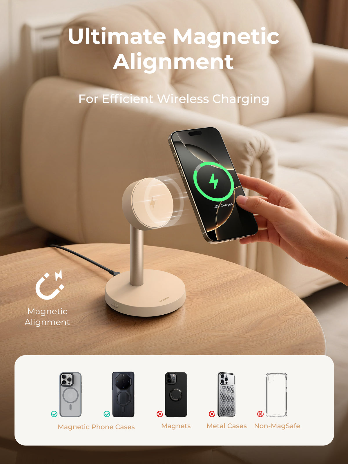 AUKEY MagFusion 1X Qi2.2 25W Fast Magnetic Wireless Charging Stand for iPhone, Samsung & Google Pixel – LC-MC111 (Gold Edition with USB-C Cable)