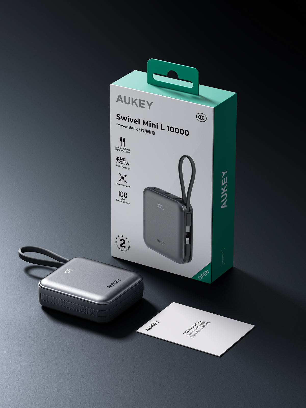 AUKEY Swivel Mini L 10000 22.5W 10000mAh CCC Certified Power Bank with Built-in USB-C and Lightning Cables - PB-Y91L