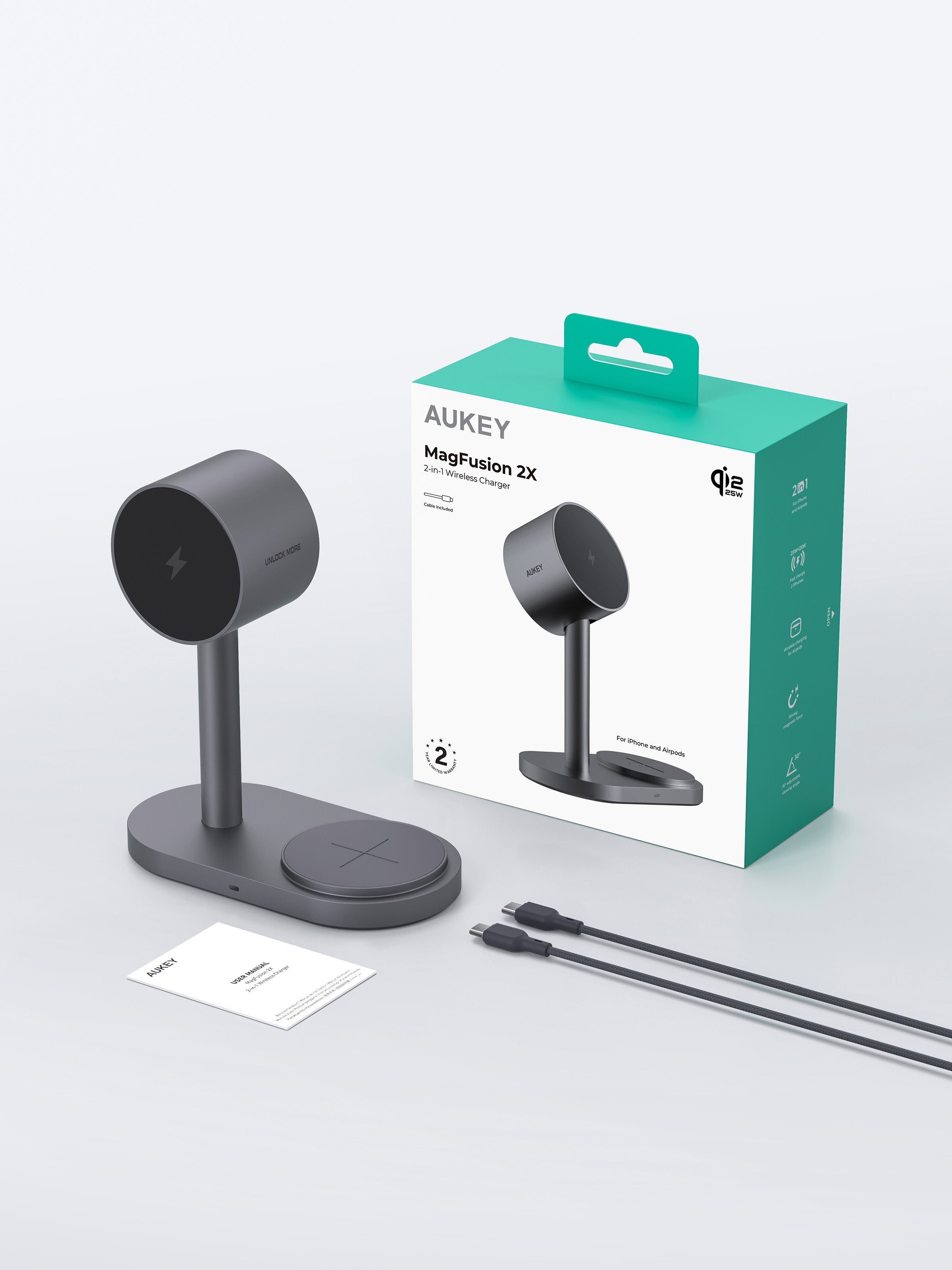 AUKEY LC-MC213 Qi2.2 MagFusion 2X 2-in-1 Magnetic Wireless Charger