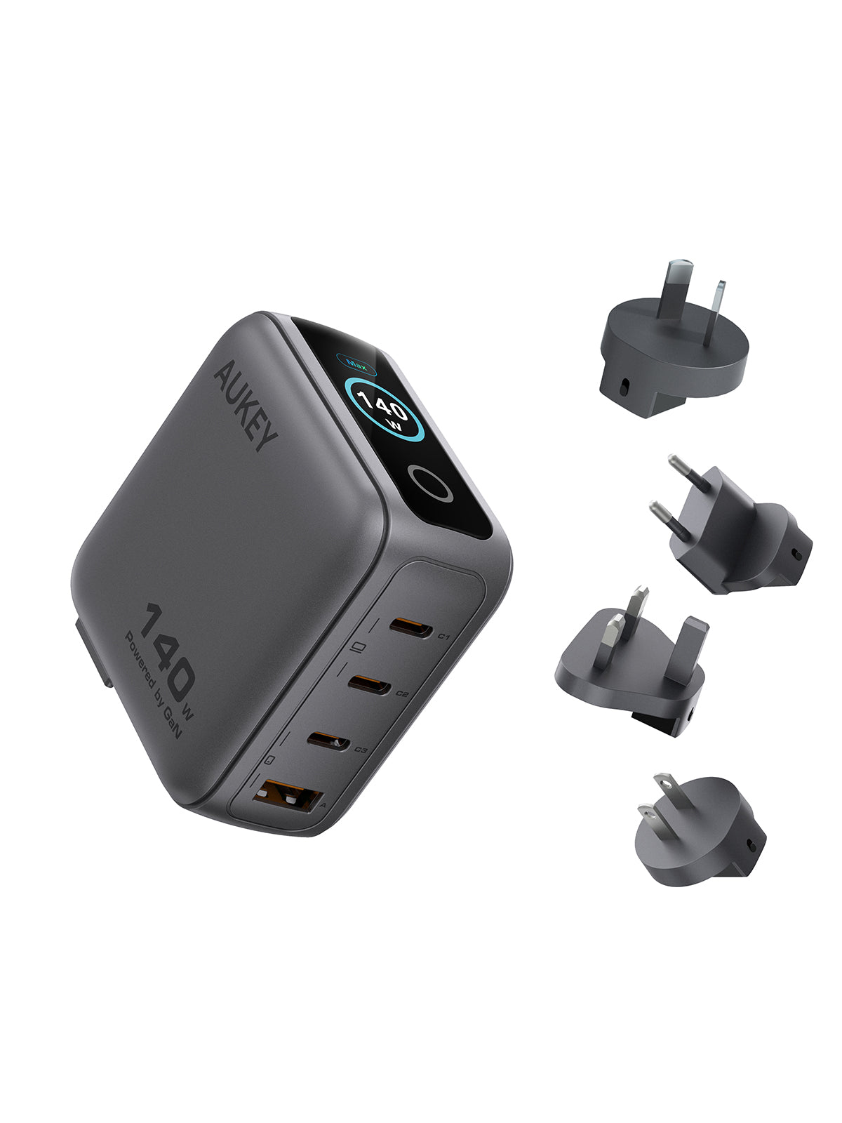 AUKEY Nova PinS 140W GaN 4-Port Wall Charger with Smart Display & Interchangeable Plugs - PA-B10U