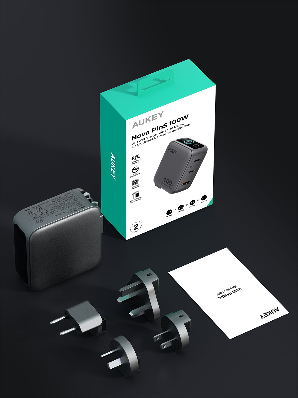 AUKEY Nova PinS 100W GaN 3-Port Wall Charger with Smart Display & Interchangeable Plugs - PA-B9U
