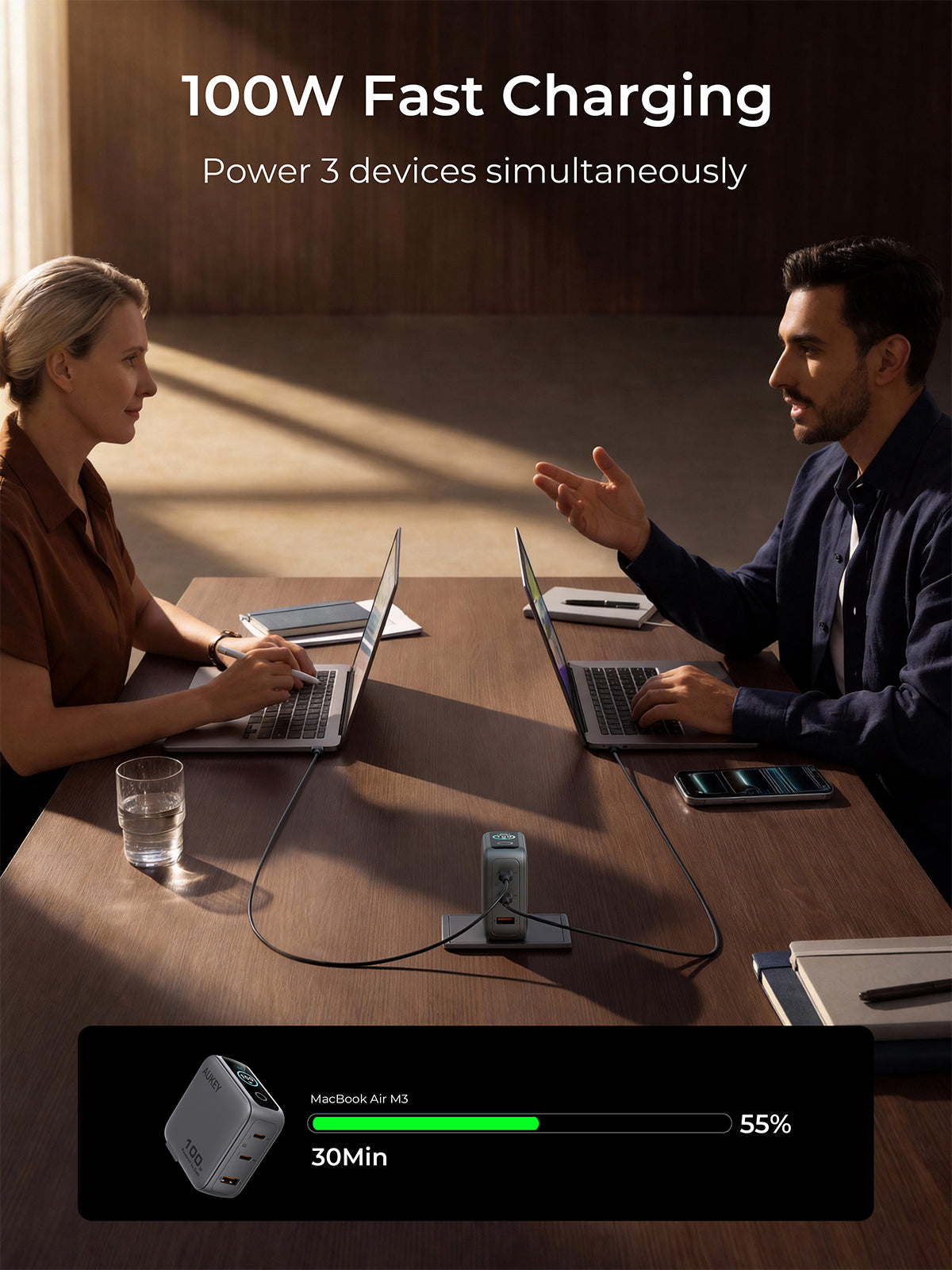 AUKEY Nova PinS 100W GaN 3-Port Wall Charger with Smart Display & Interchangeable Plugs - PA-B9U