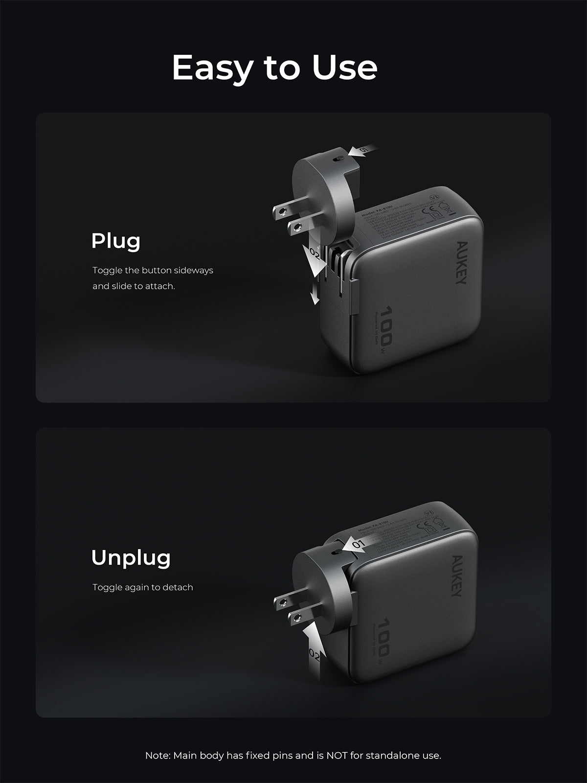 AUKEY Nova PinS 100W GaN 3-Port Wall Charger with Smart Display & Interchangeable Plugs - PA-B9U