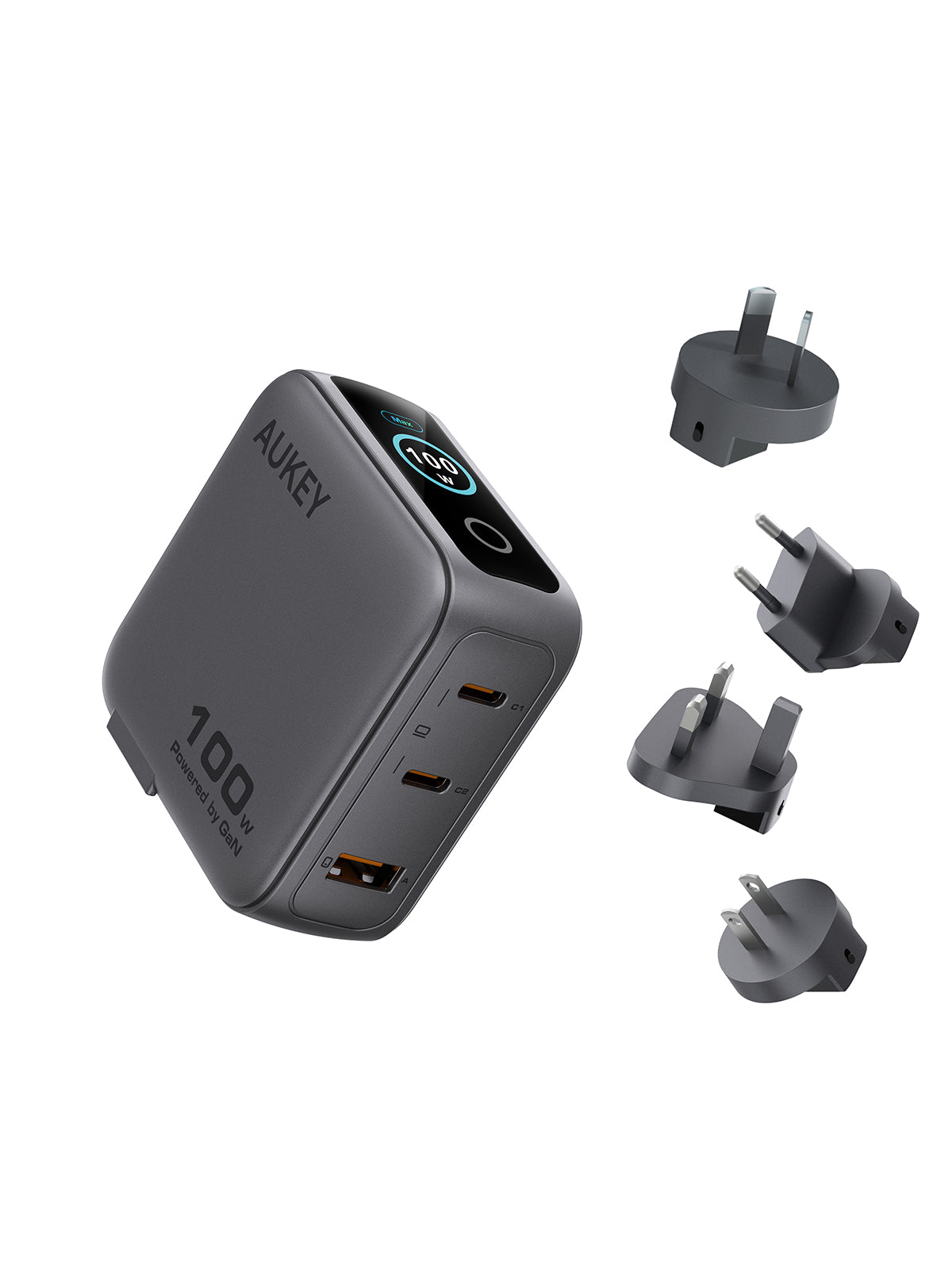 AUKEY Nova PinS 100W GaN 3-Port Wall Charger with Smart Display & Interchangeable Plugs - PA-B9U
