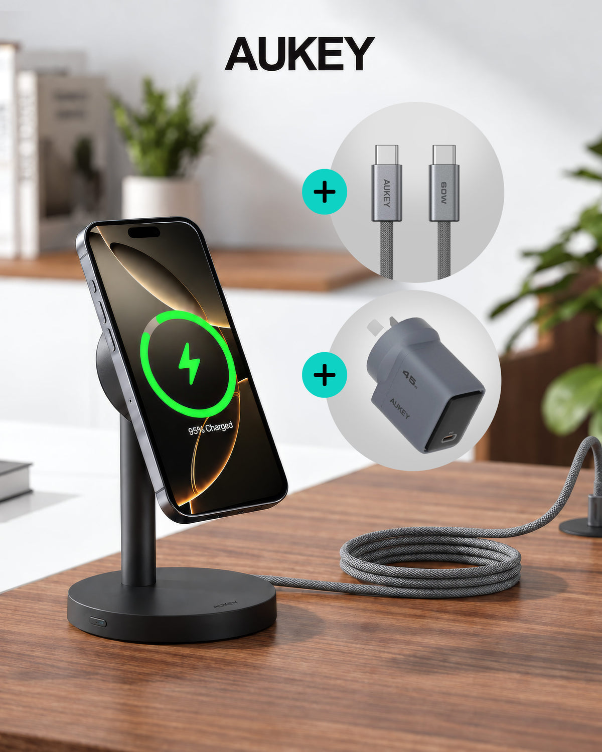 Essential Power Bundle 3-in-1  – Fast 25W Magnetic Wireless Charger, 45W Wall Charger & USB-C Cable
