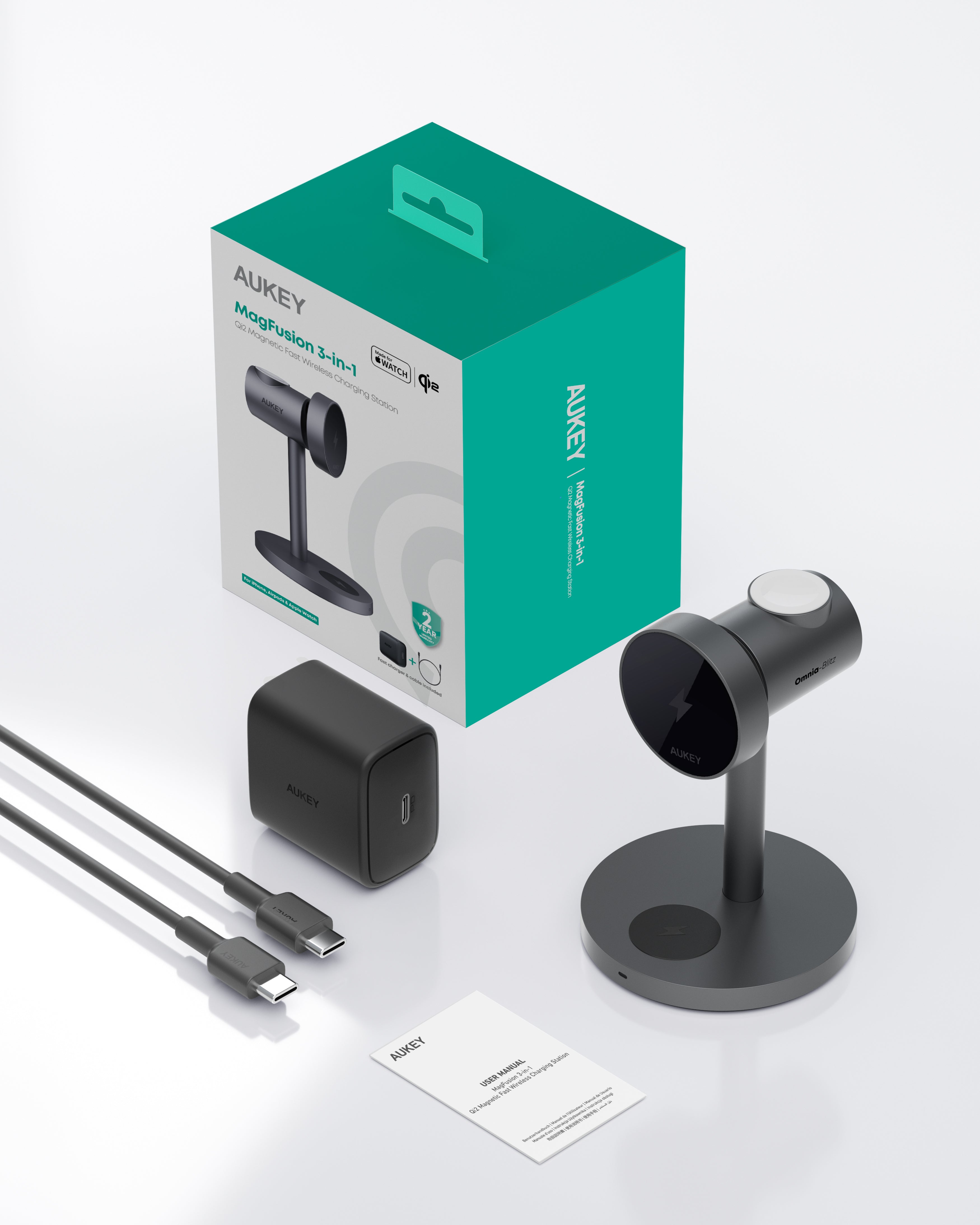 Aukey Fast Wireless 3 in 1 Phone Charger Qi2 15W for Desktop (LC-MC311)