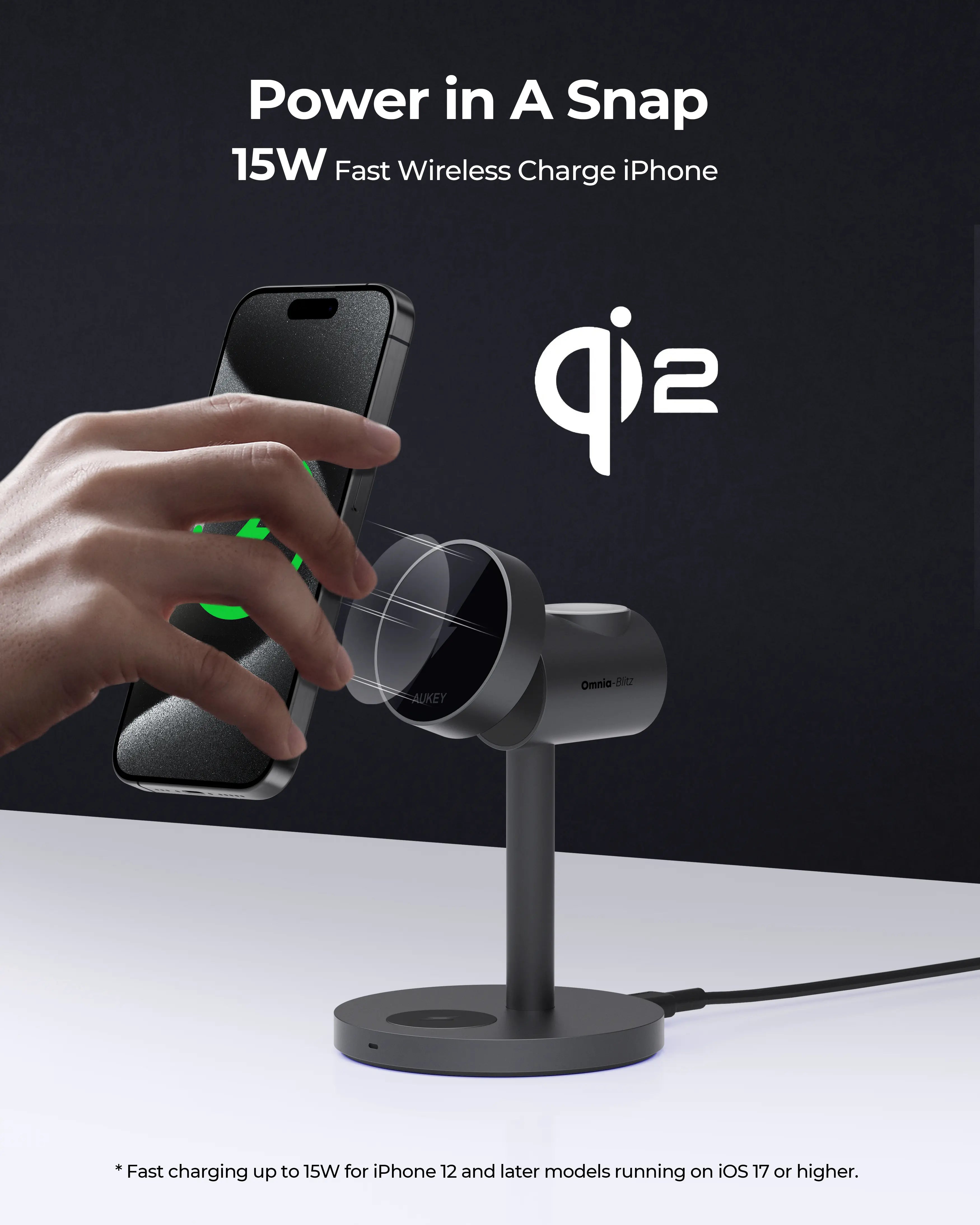Aukey Fast Wireless 3 in 1 Phone Charger Qi2 15W for Desktop (LC-MC311)