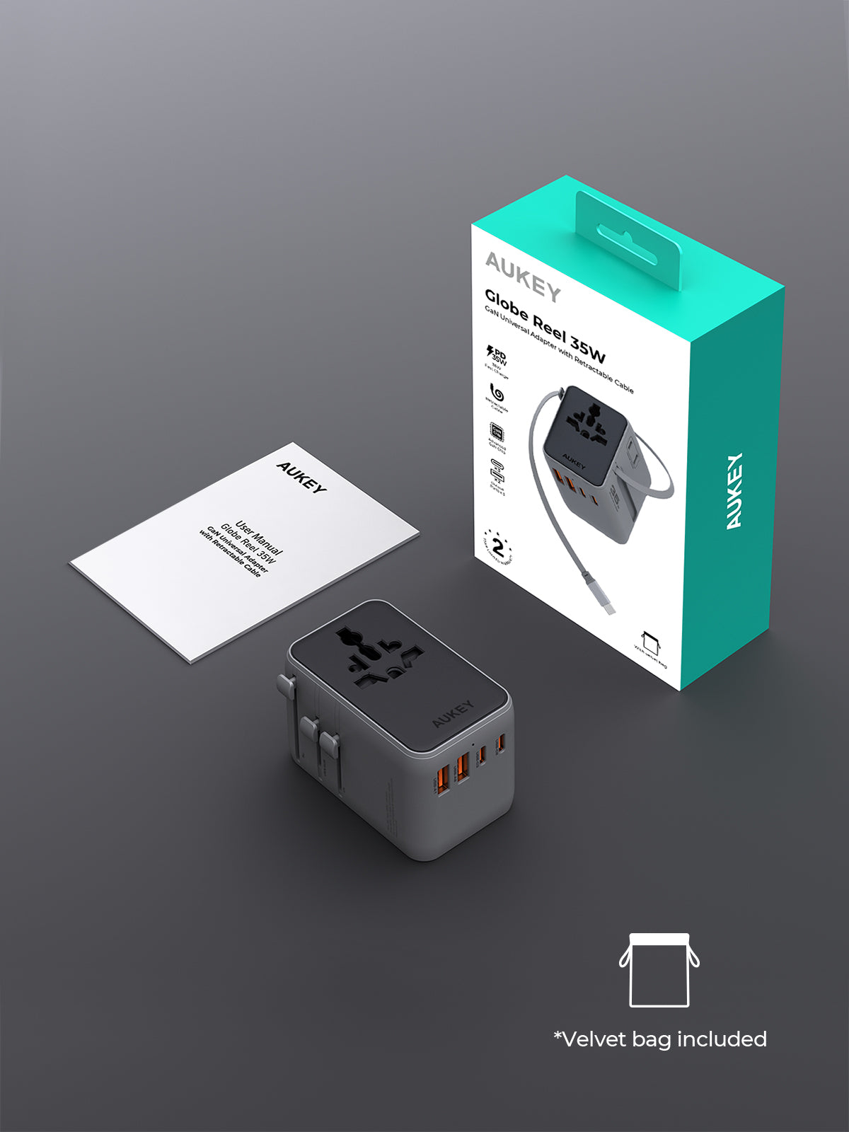 AUKEY PA-TA12 Globe 35W GaN Universal Adapter with Retractable Cable