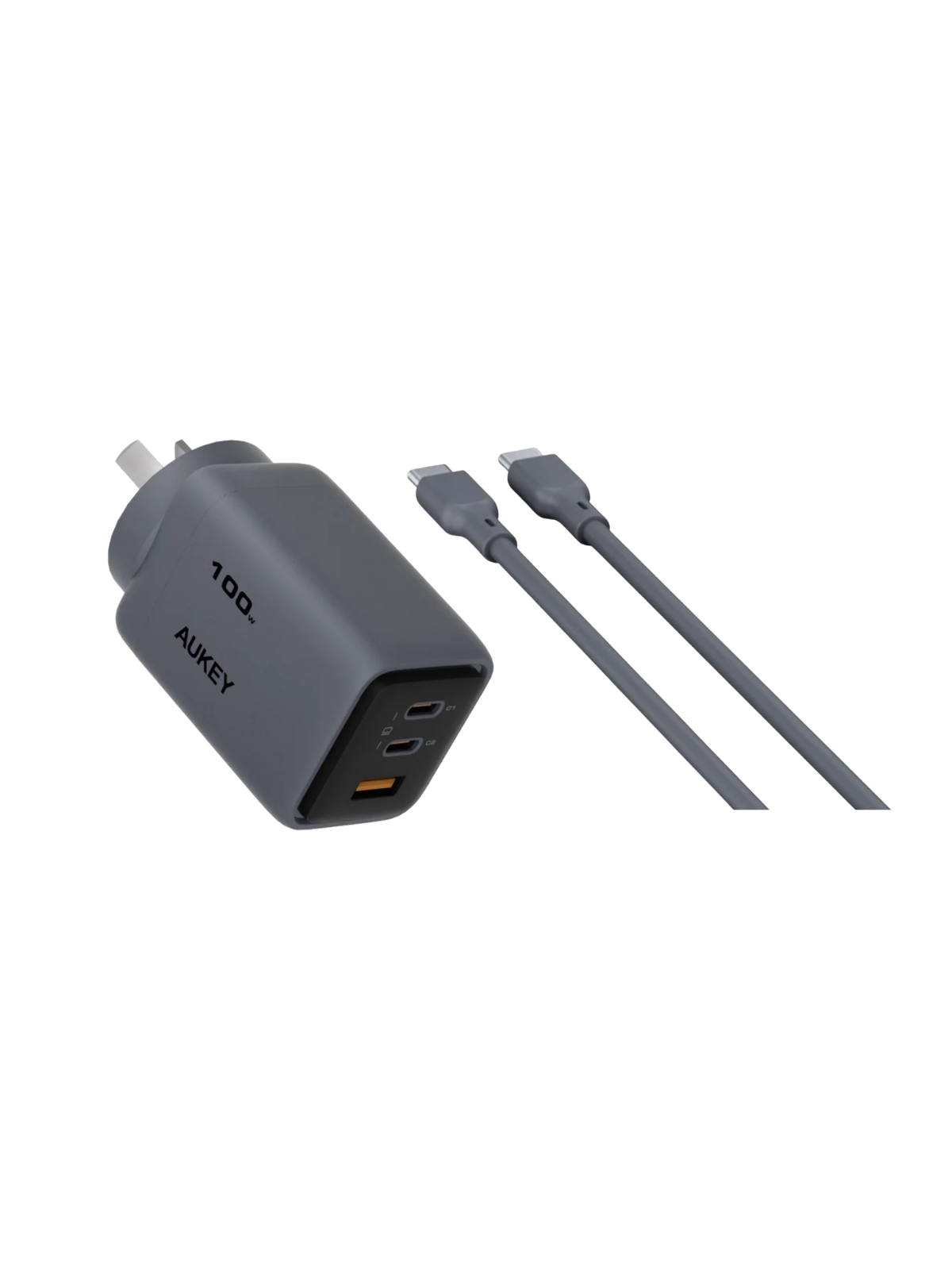 A gray Aukey 100W travel charger with a USB-C to USB-C cable, shown on a plain white background.